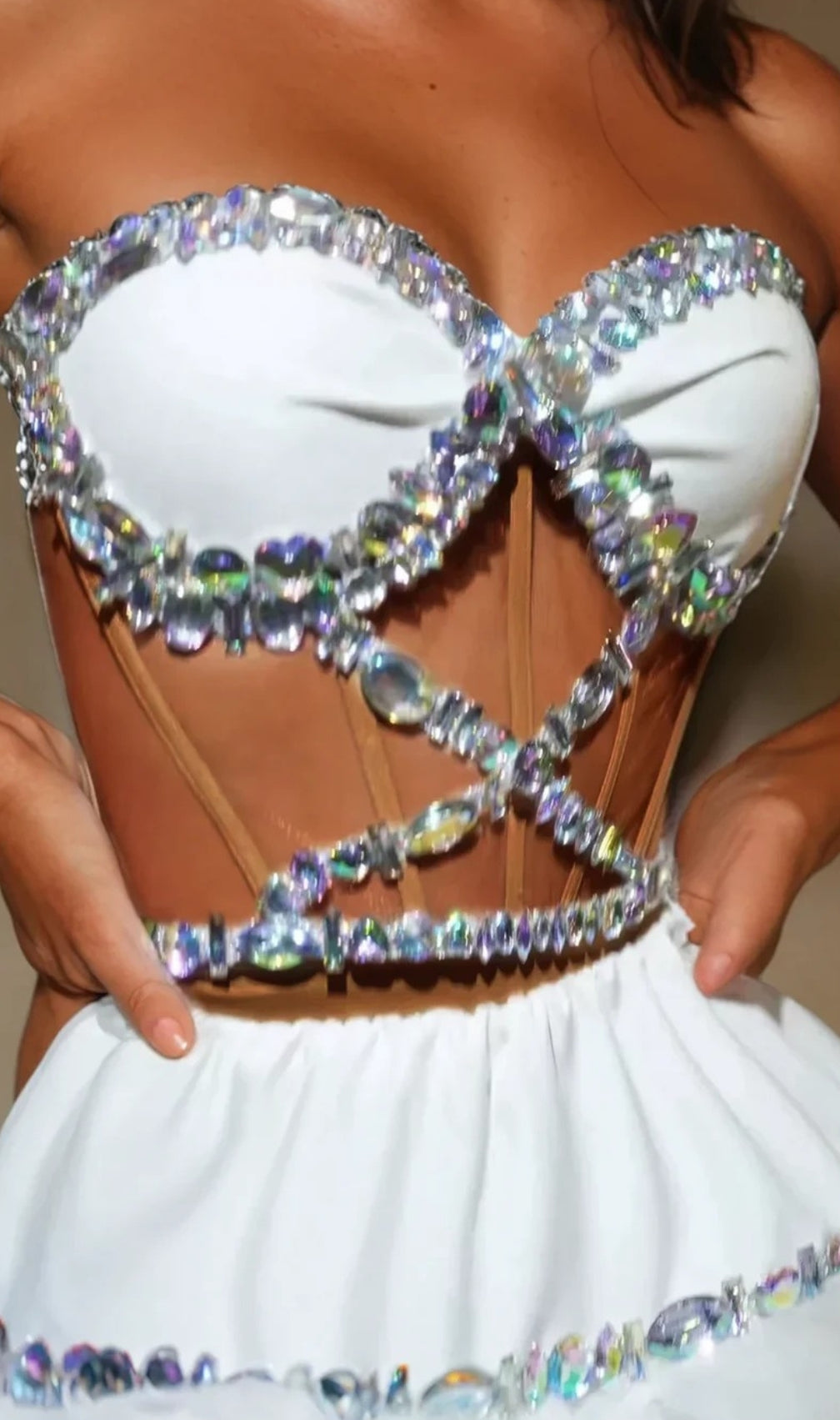 Erlina Strapless Rhinestone Tulle Skirt Set In White