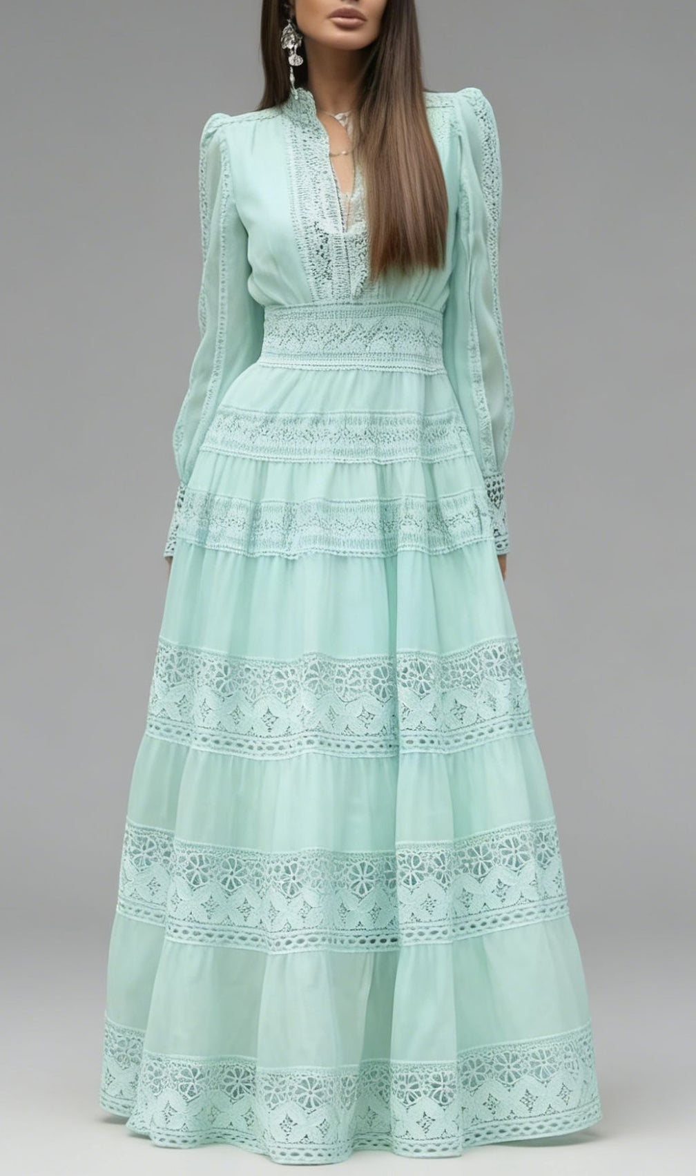 Kamara Ethereal Mint Green Lace Maxi Dress - Long Sleeve Tiered Gown