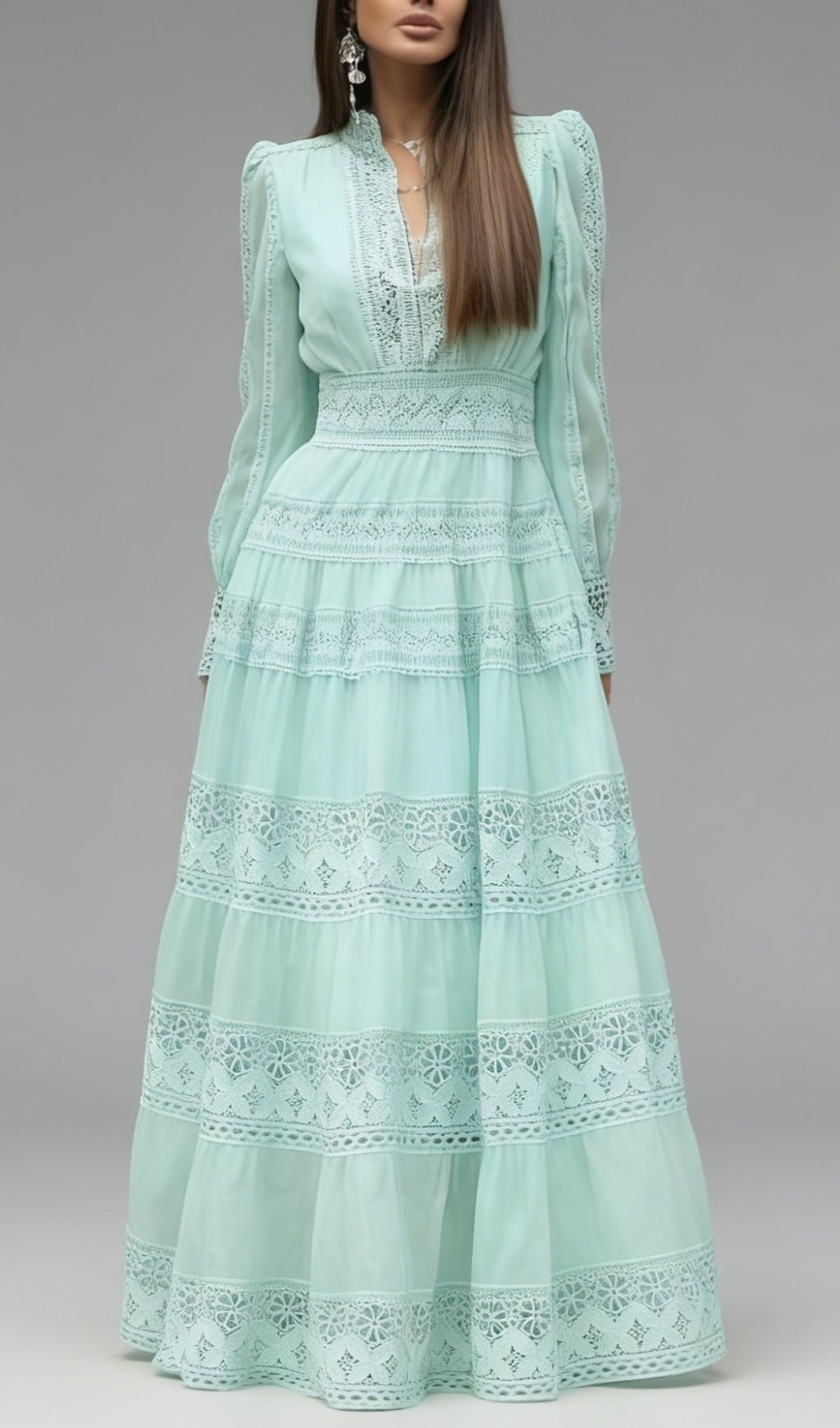 Kamara Ethereal Mint Green Lace Maxi Dress - Long Sleeve Tiered Gown
