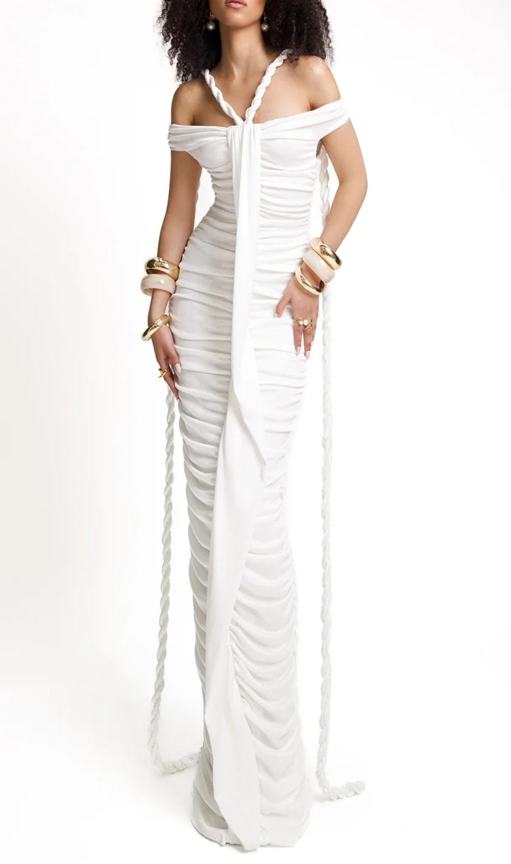 Buddug White Bardot Ruched Maxi Dress