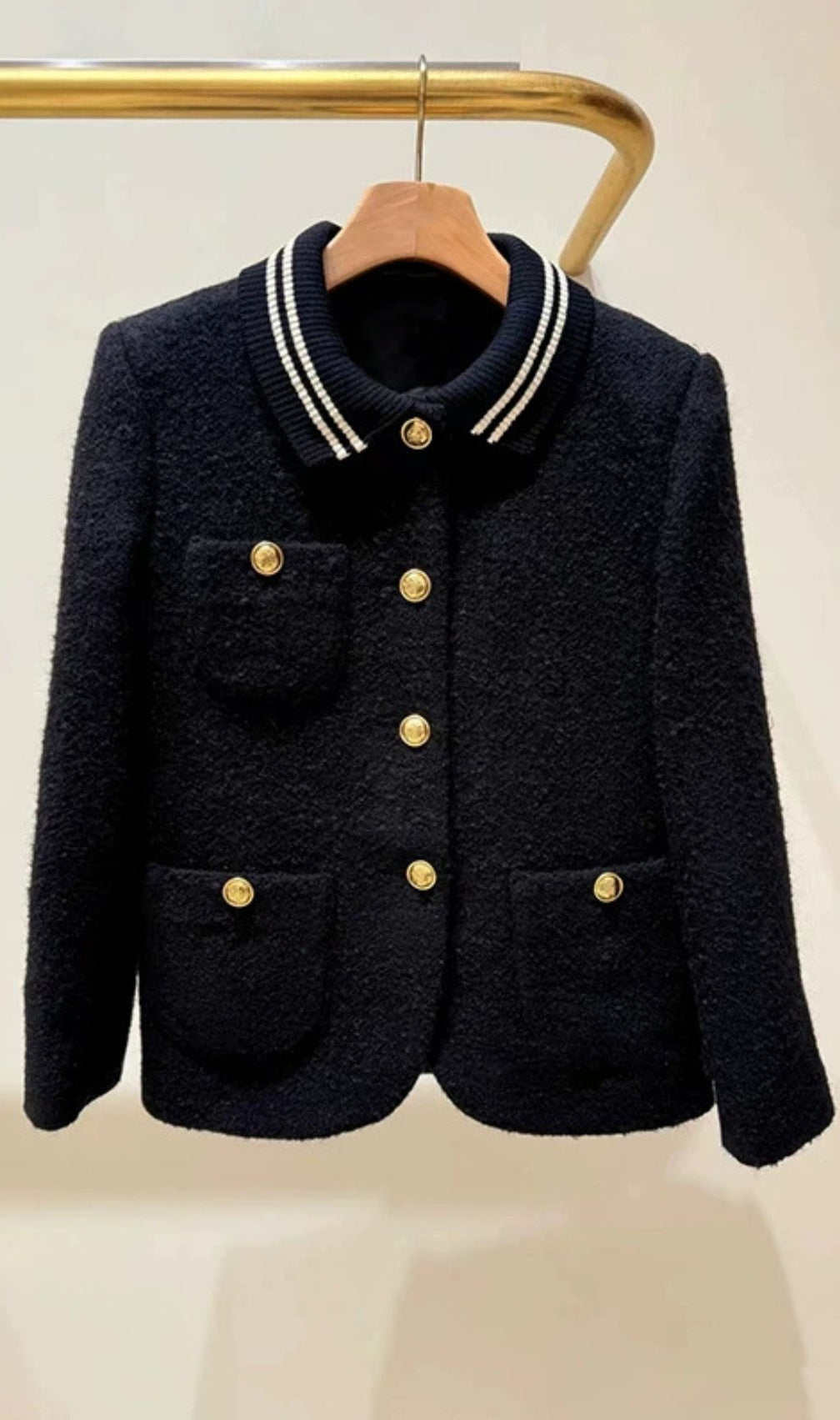 Chic Black Tweed Jacket | Contrast Striped Collar & Gold Buttons