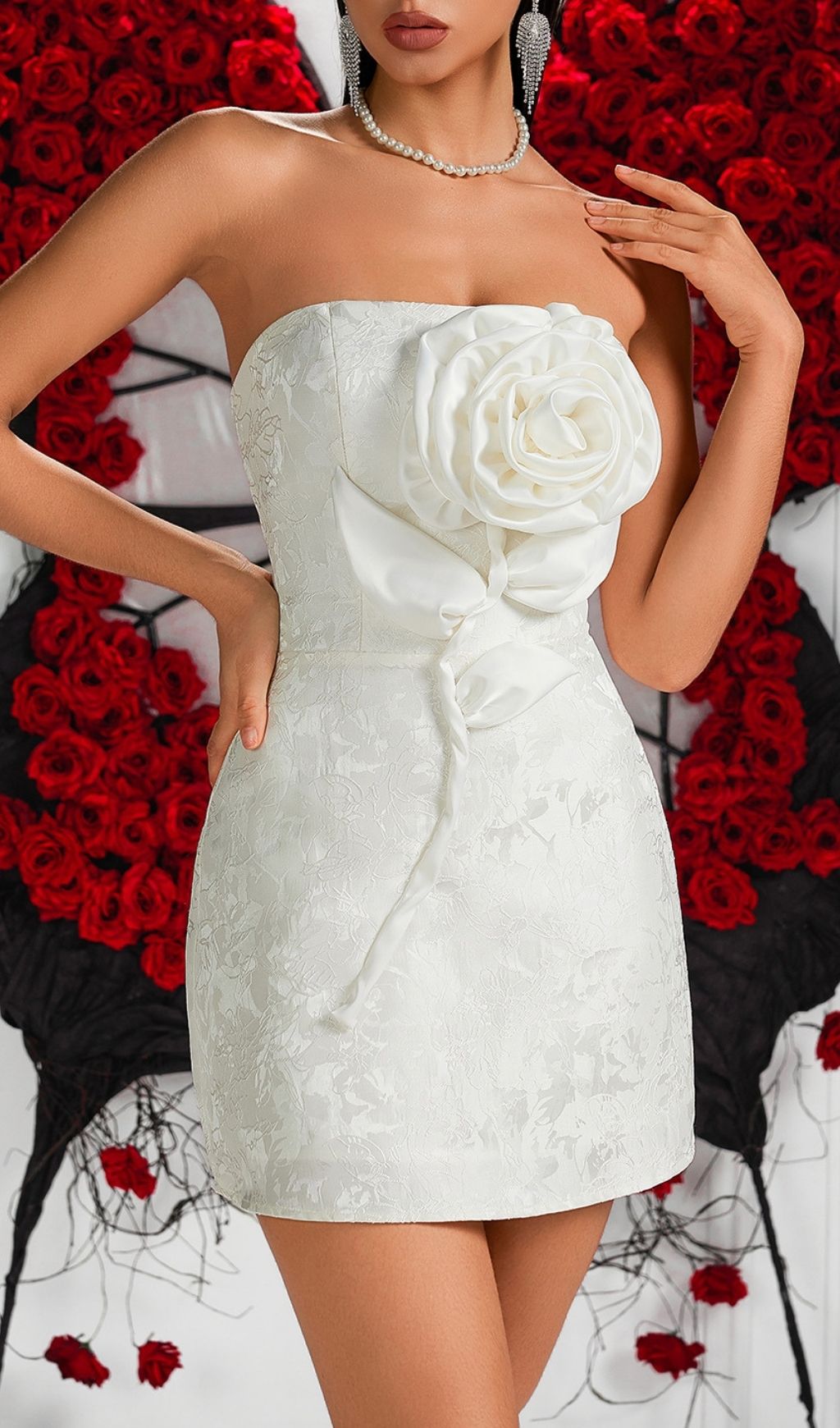 Katha White Strapless 3D Rose Mini Dress | Chic Floral Cocktail & Bridal Attire