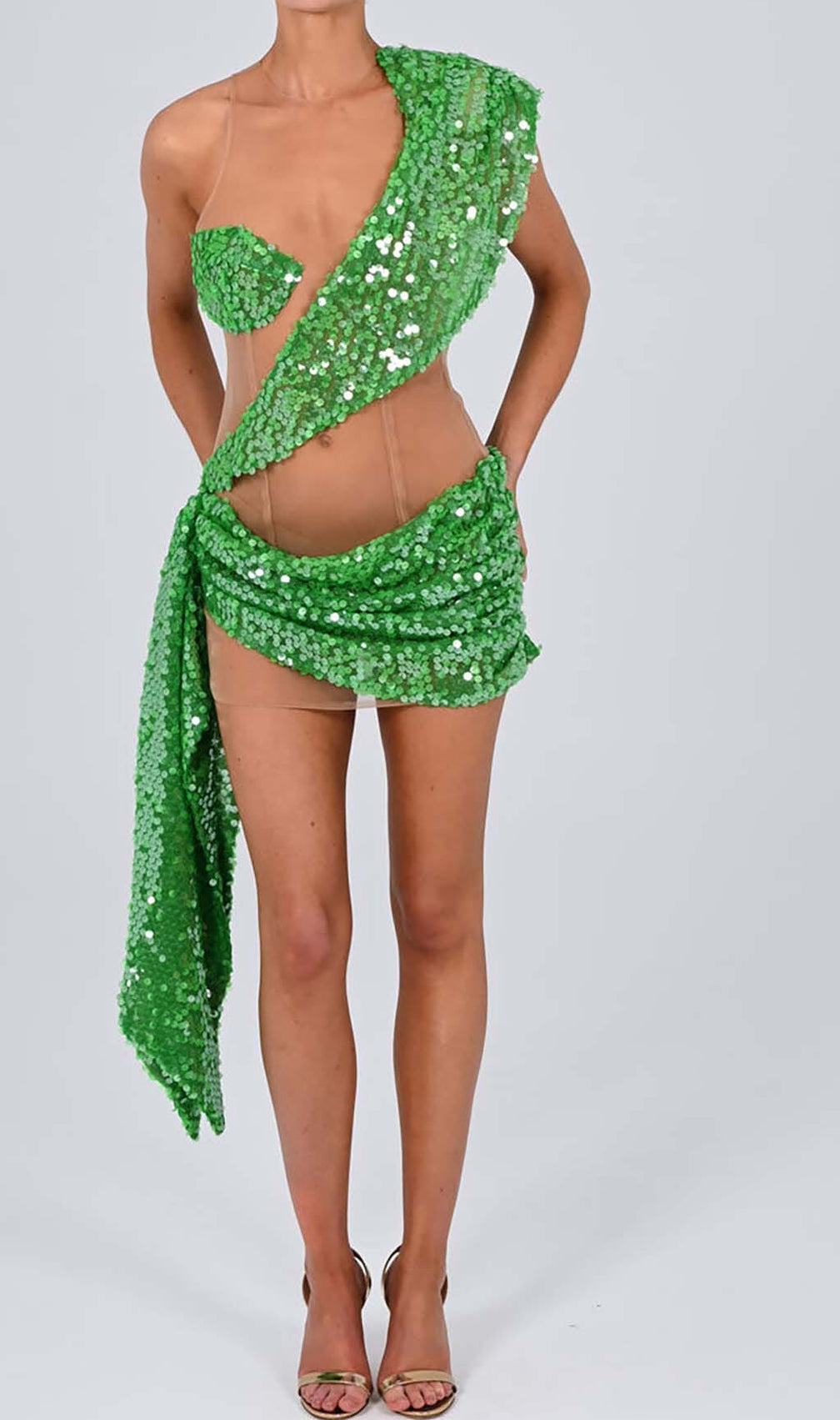 Sequin Drape Mesh Mini Dress In Emerald