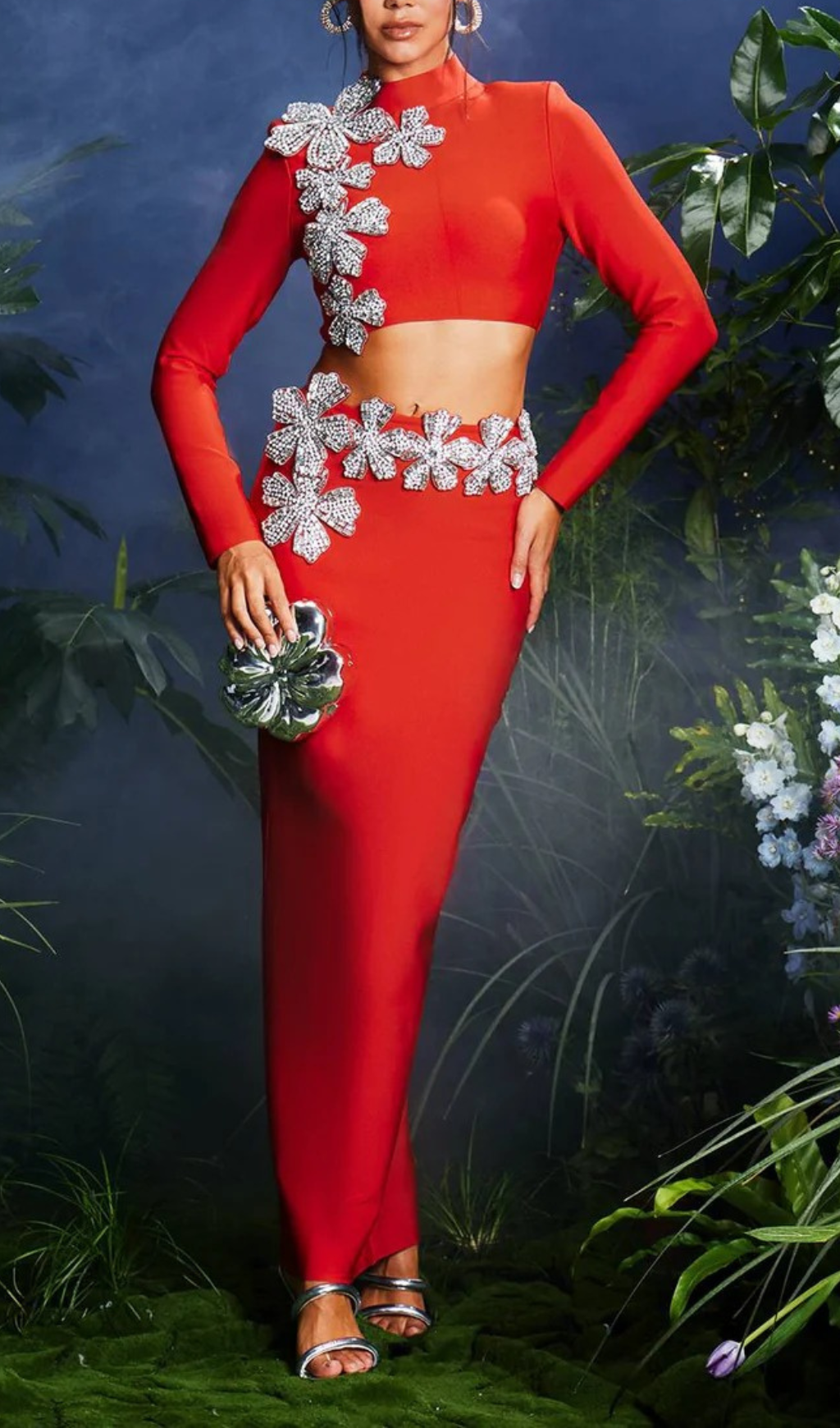 Almira Strapless Flower Bandage Skirt Set In Red