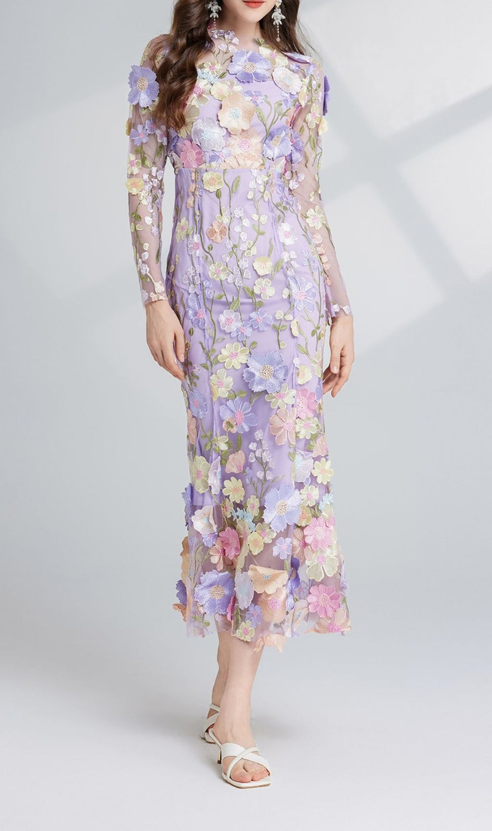 Carol Purple Floral Embroidery Mesh Fishtail Long Sleeve Midi Dress