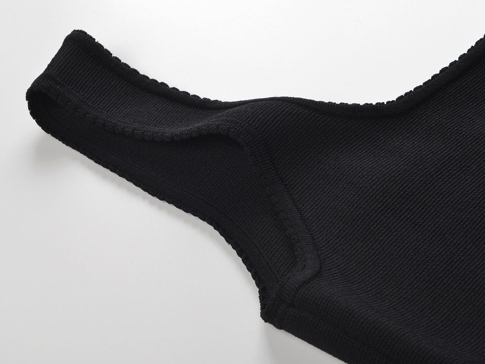 Modern Chic: Black Square Neck Ruffled Knit Mini Dress for Women