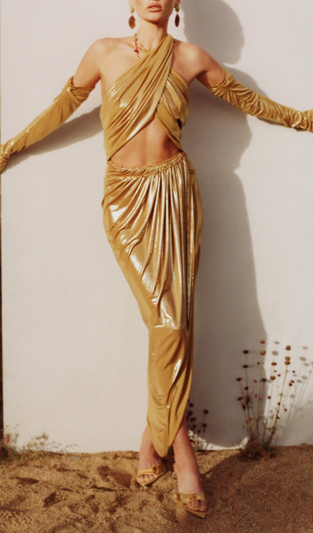 Bodie Gold Halter Long Sleeve Draped Maxi Dress