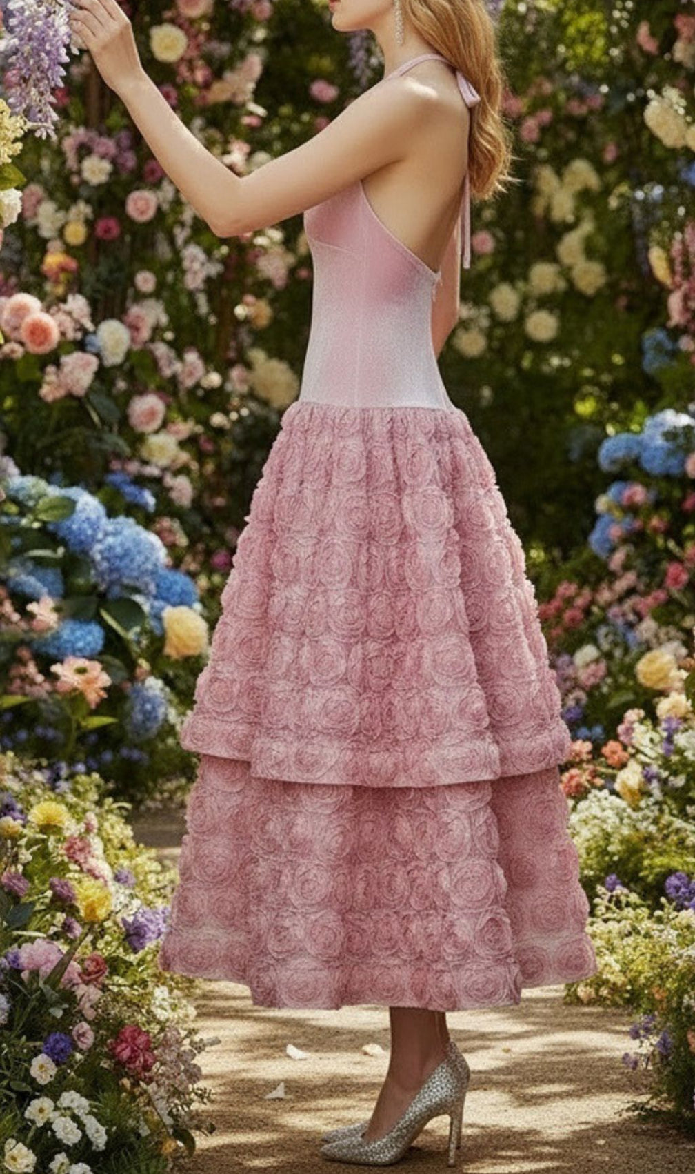 Jonila Romantic Pink Halter Midi Dress with Tiered 3D Rose Appliqué Skirt