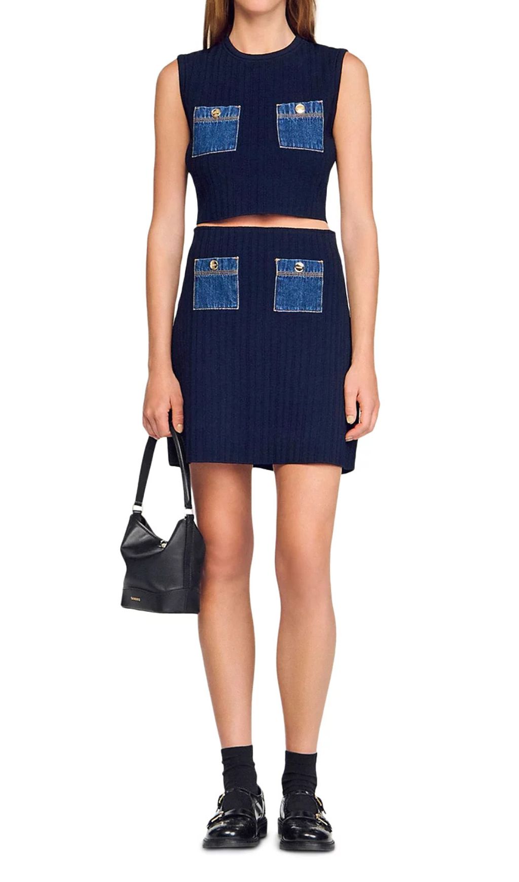 Chic Knit Ribbed Crop Top & Denim Pocket Mini Skirt Set