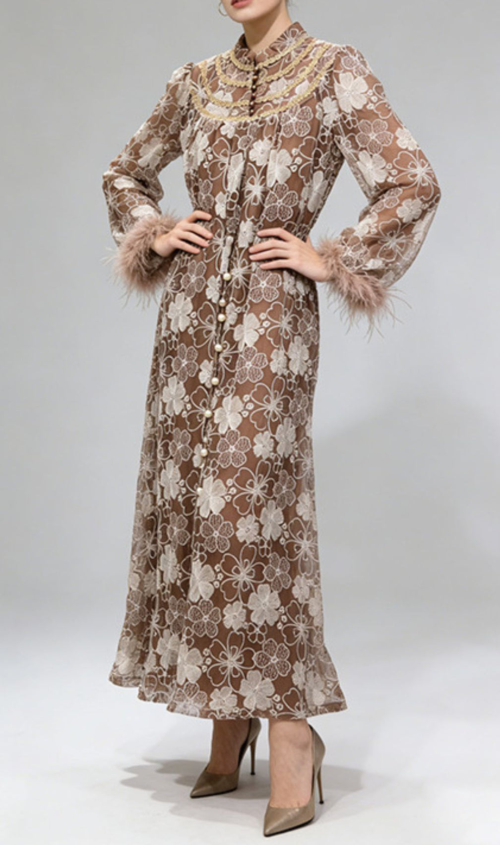 Jenner Floral Lace Midi Dress - Elegant Long Sleeve with Feather Cuffs