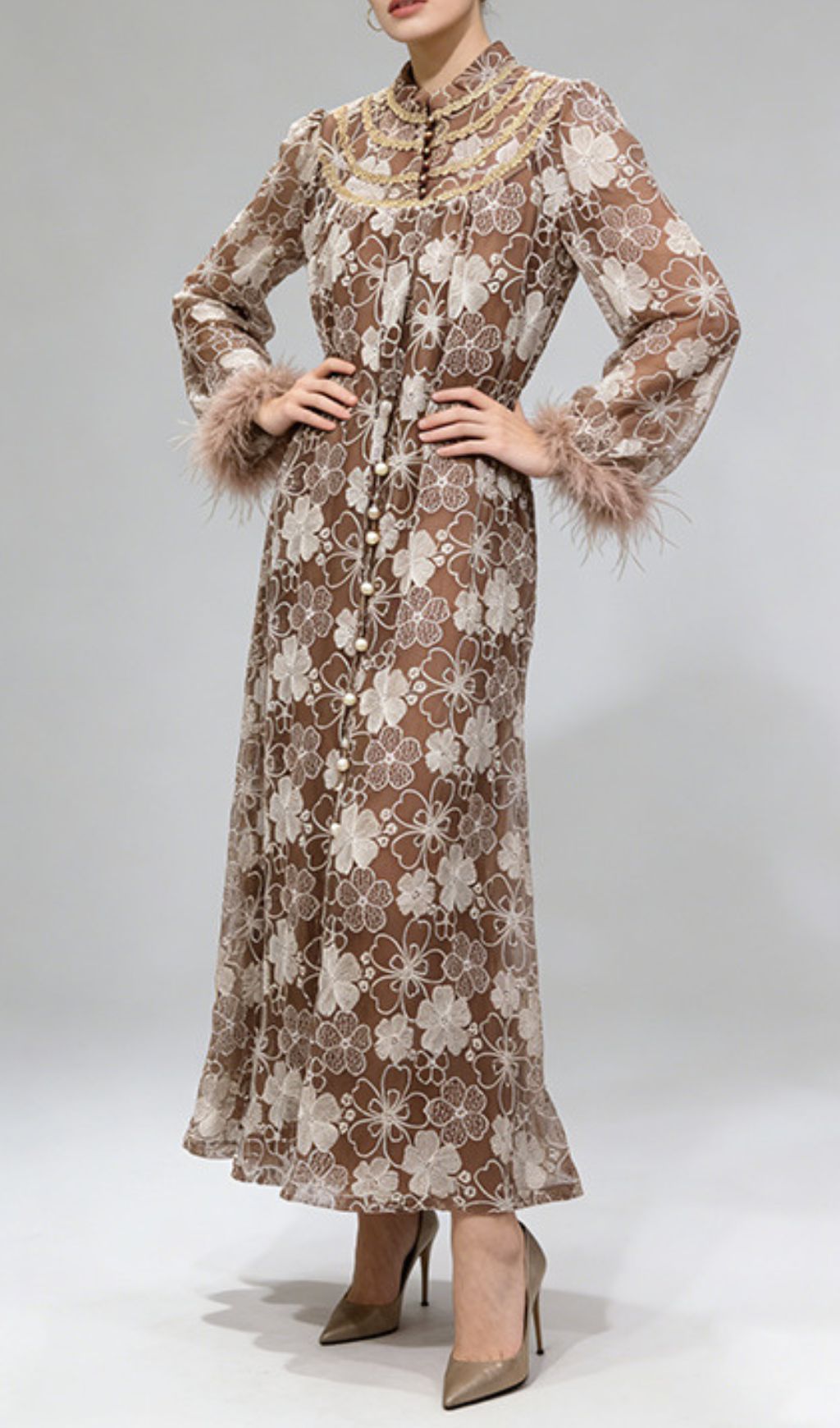 Jenner Floral Lace Midi Dress - Elegant Long Sleeve with Feather Cuffs