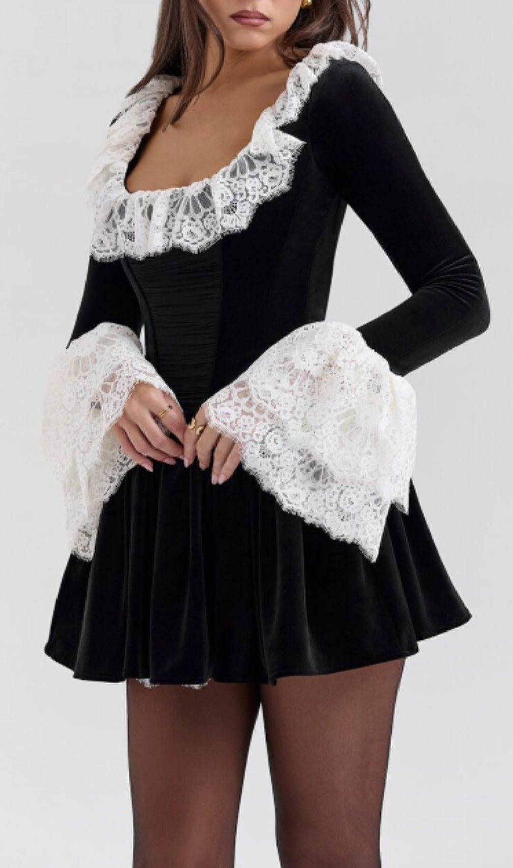 Coy Black Long Sleeve Lace Velvet Mini Dress