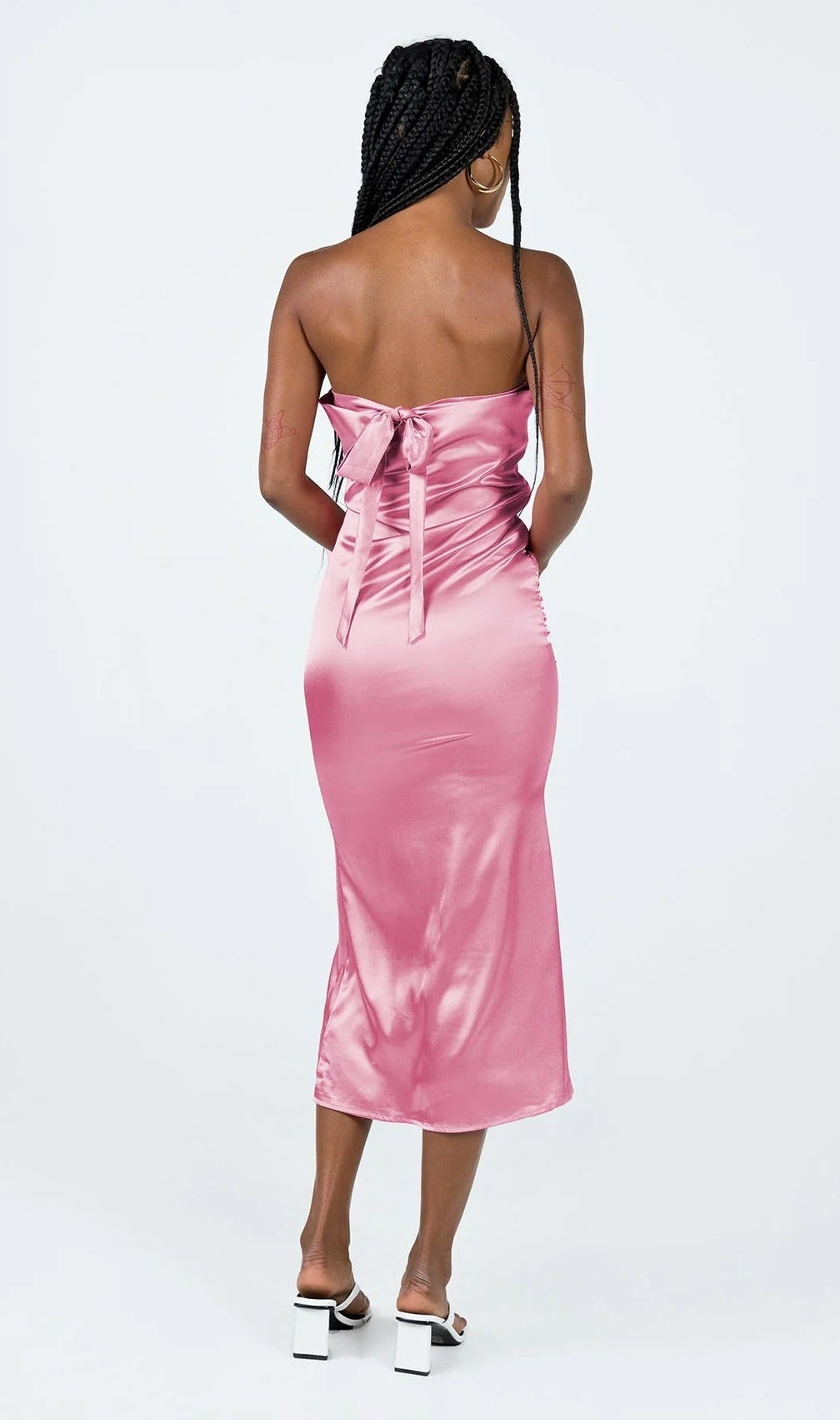 Pink Satin Halter Ruched Midi Dress with Back Bow
