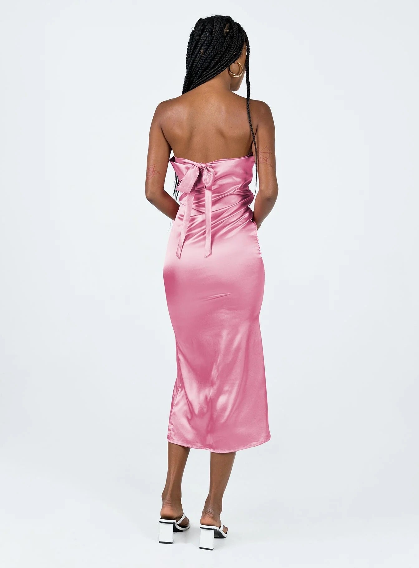 Pink Satin Halter Ruched Midi Dress with Back Bow