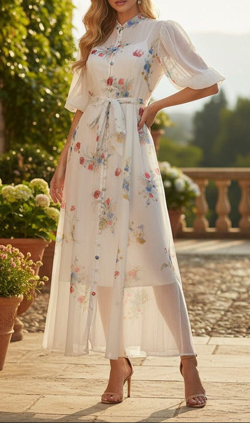 Pink Floral Print Mandarin Collar Chiffon Maxi Dress