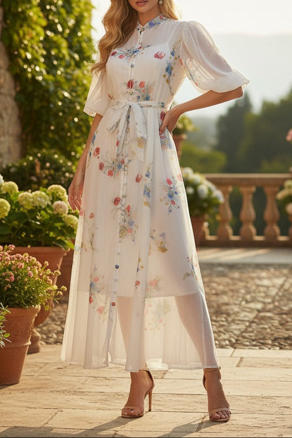 Pink Floral Print Mandarin Collar Chiffon Maxi Dress