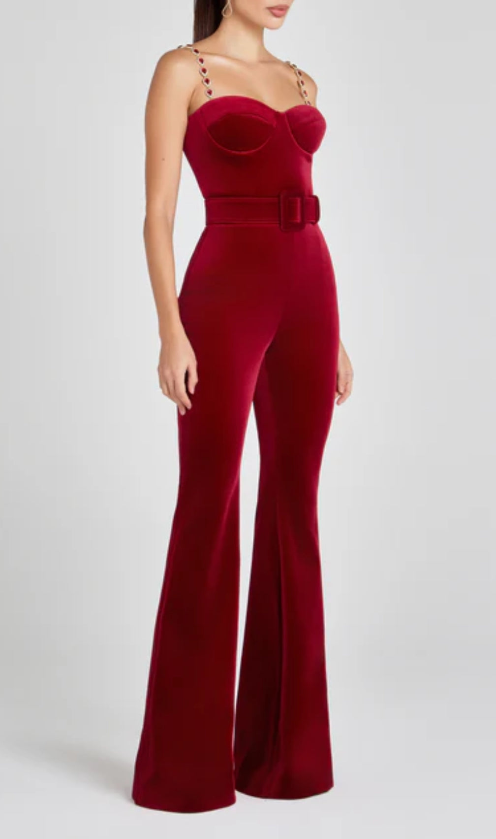 Bustier Detail Velvet Jumpsuit Red