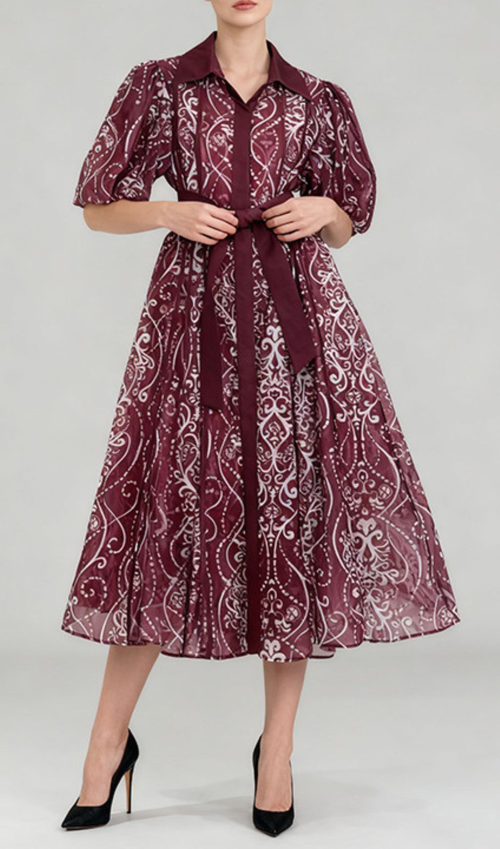 Sophisticated Puff-Sleeve Printed Midi Dress with Tie-Waist