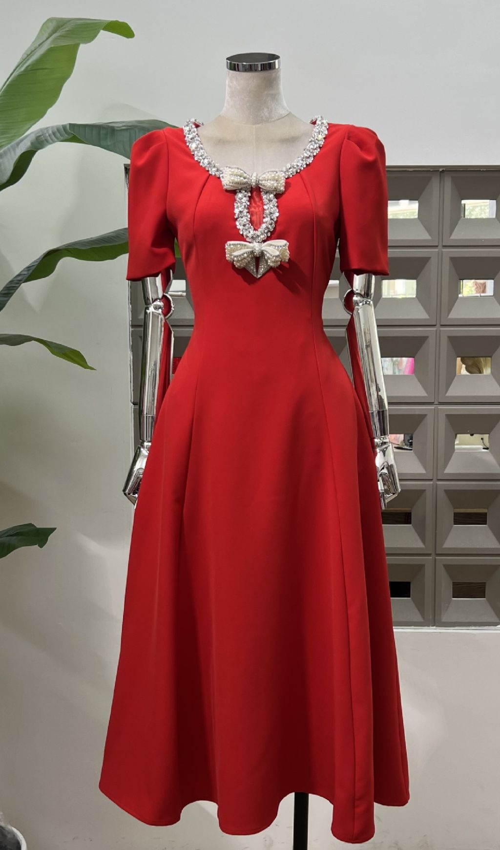 Faizah Bow Diamond Beaded Midi Dress