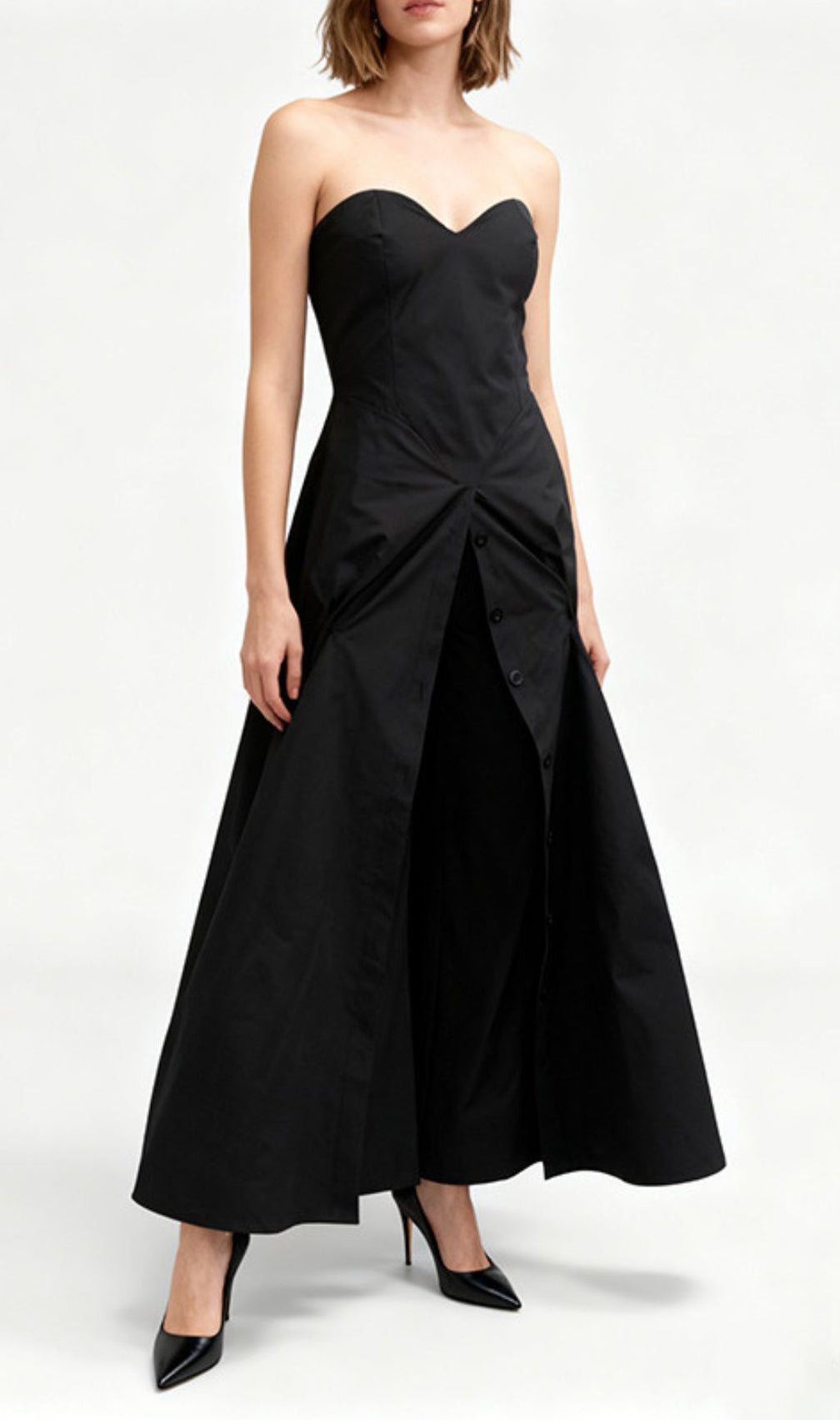 Jakub Black Strapless Button-Front Pant Dress