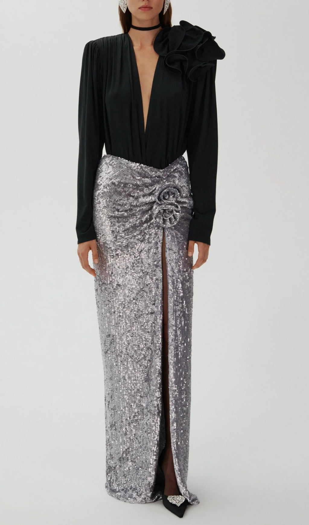 Boaz Silver Flower Sequin Maxi Skirt