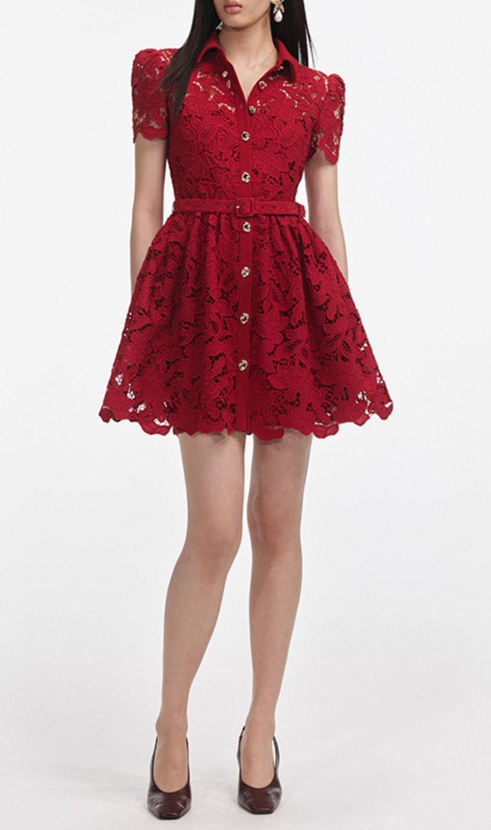 Gasha Red Embroidery Belt Mini Dress