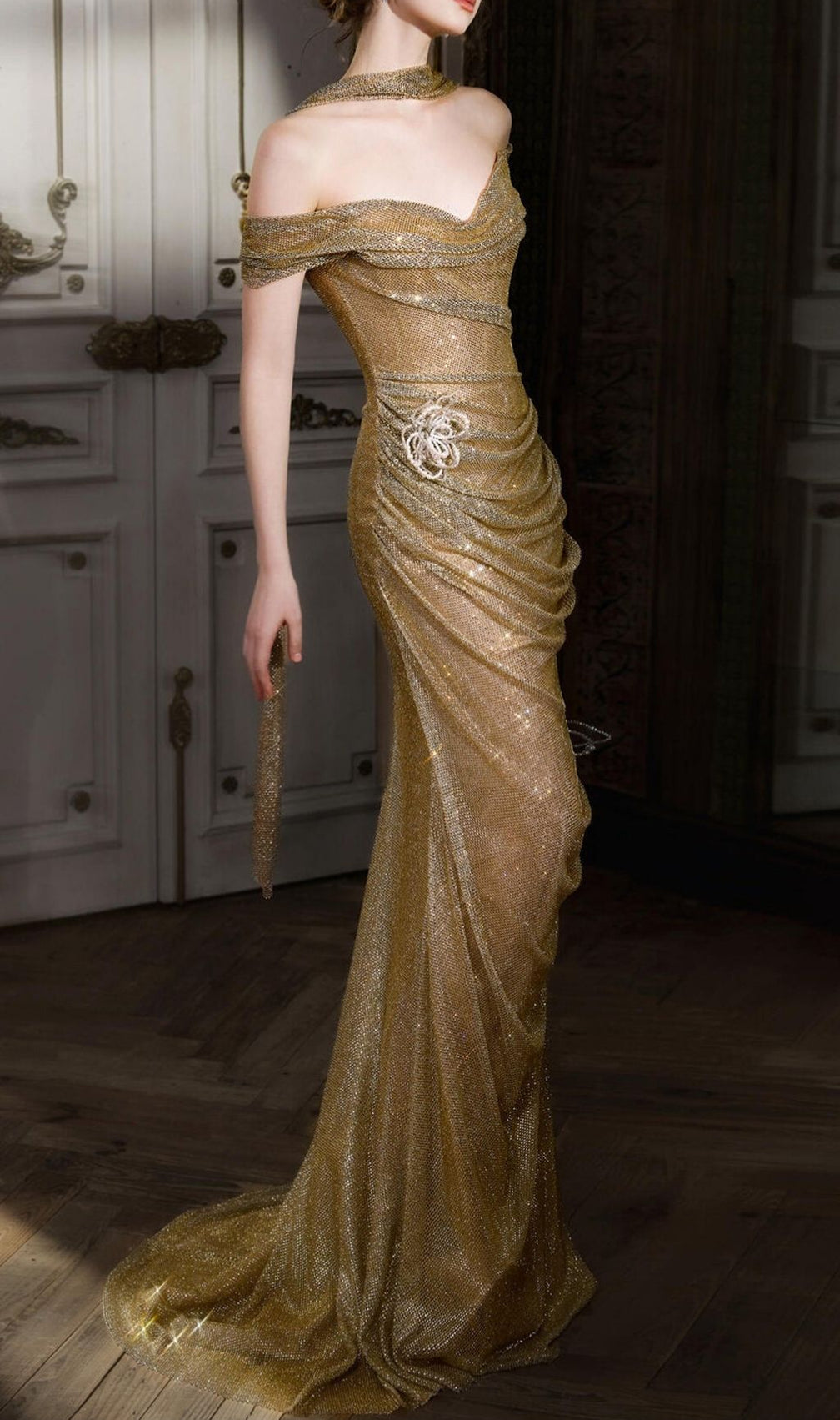 Krystina Gold Off-Shoulder Flower Maxi Dress
