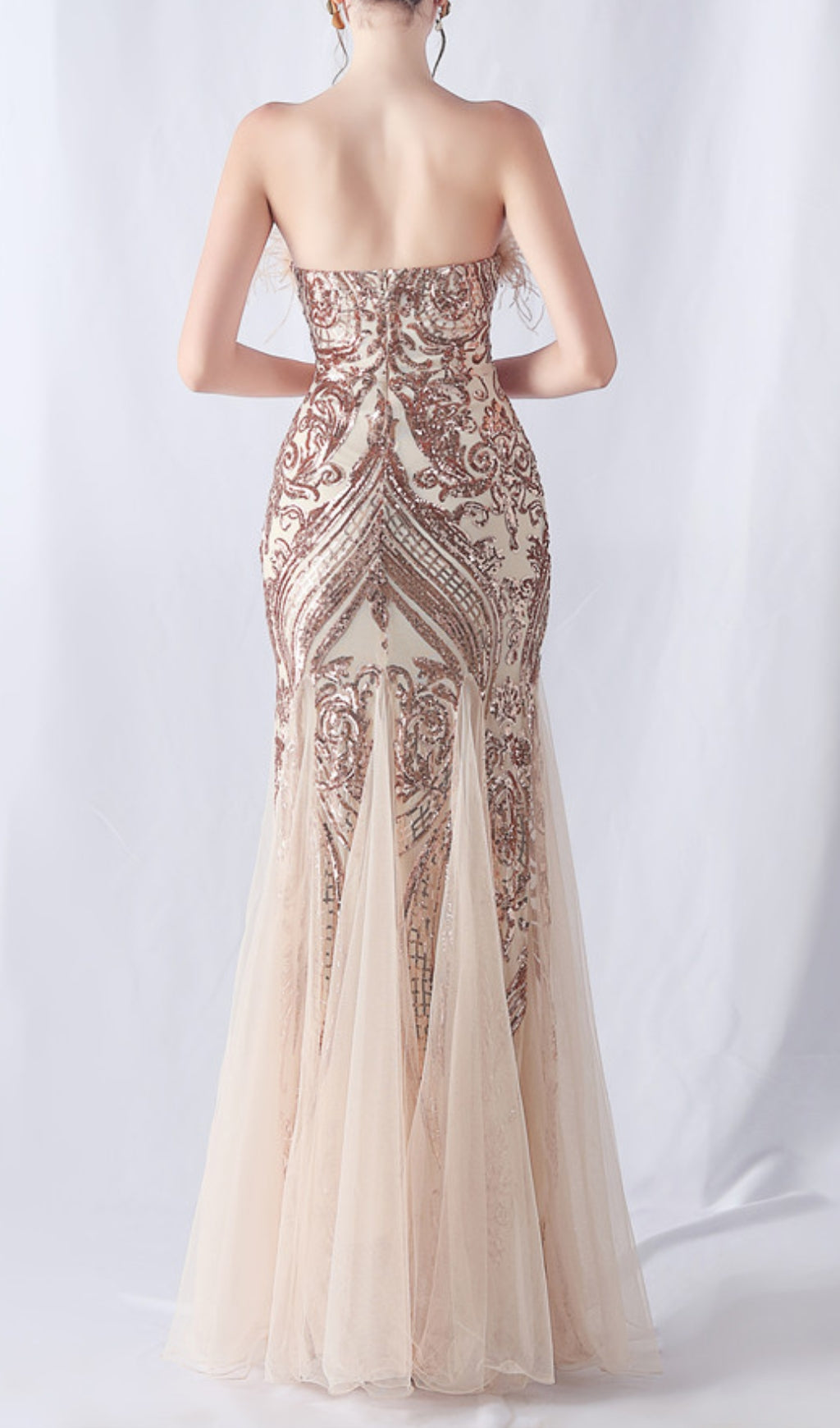 Choire Champagne Sequin Feather Maxi Dress