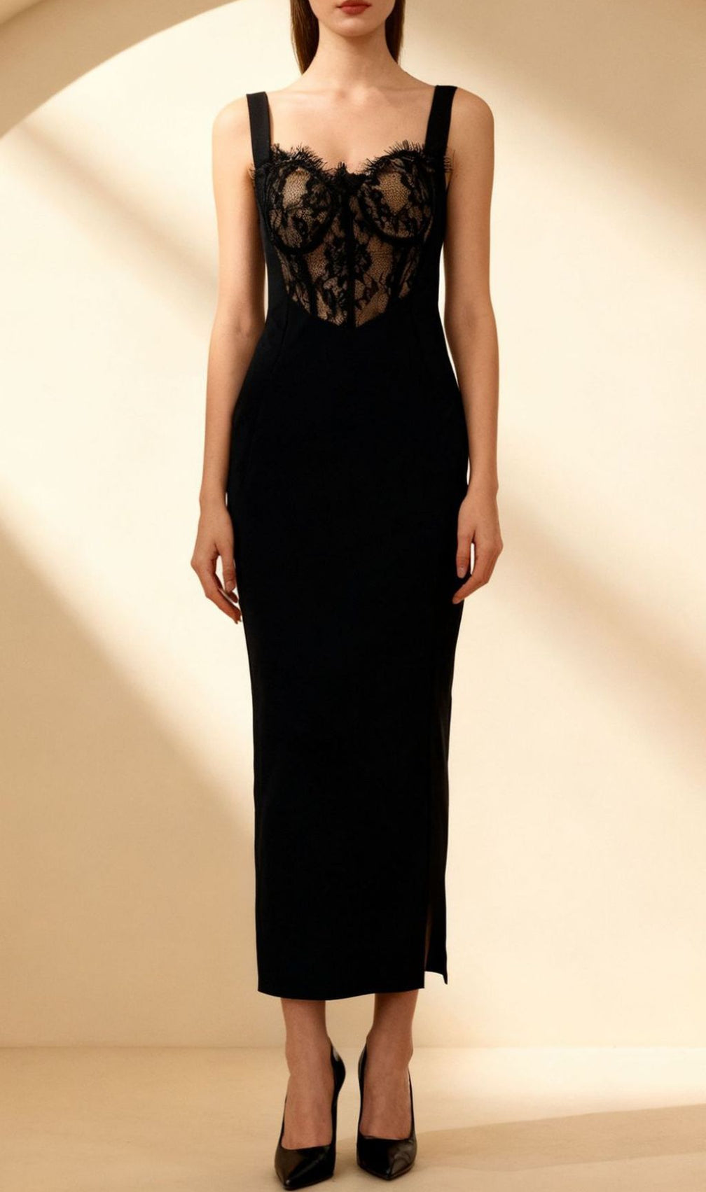 Ishiko Luxe Black Lace Bustier Midi Dress - Elegant Cocktail & Evening Wear