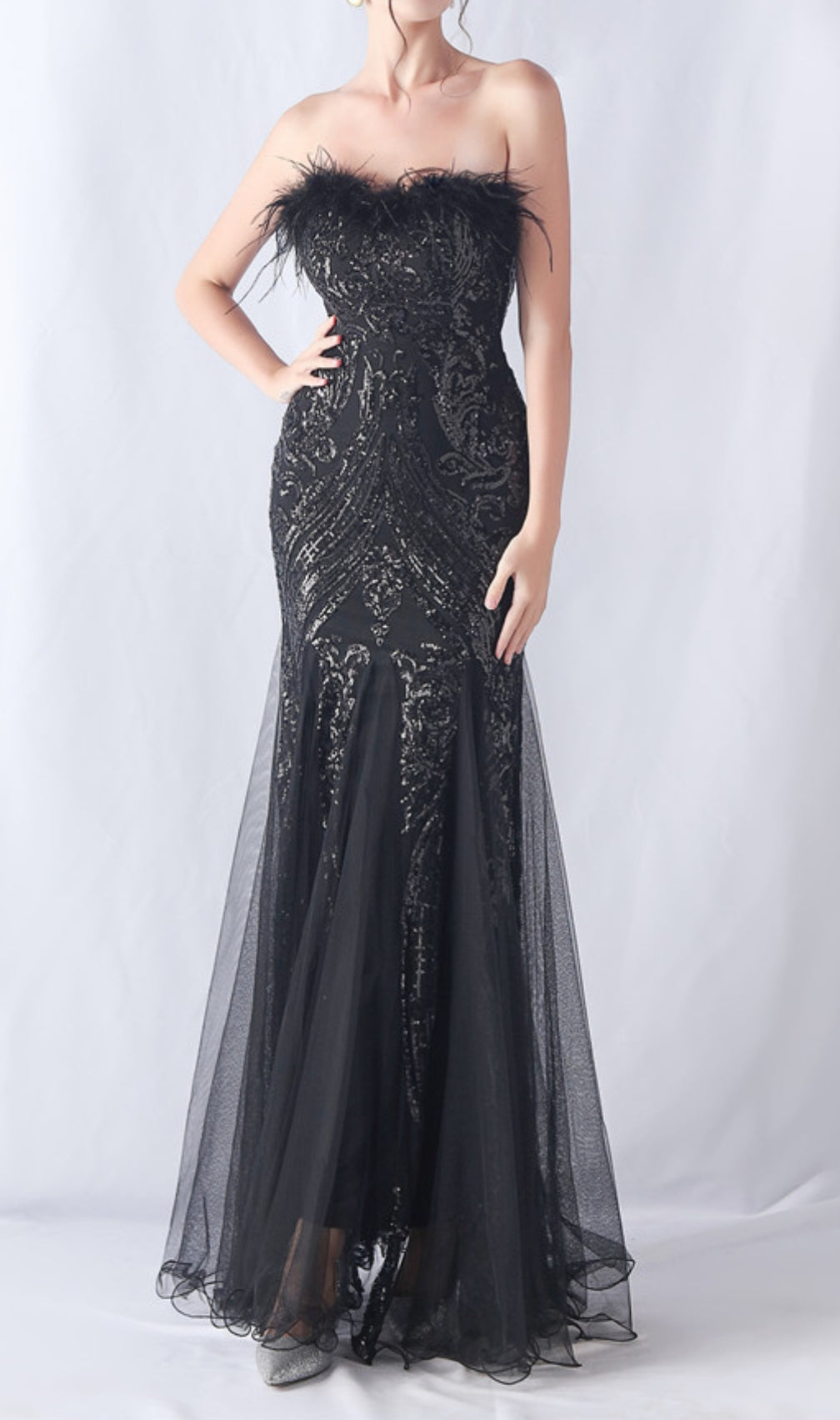 Choire Black Sequin Feather Maxi Dress