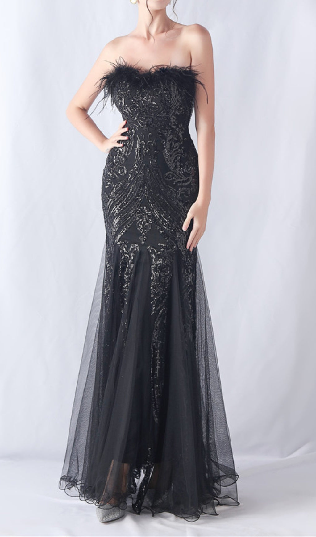 Choire Black Sequin Feather Maxi Dress