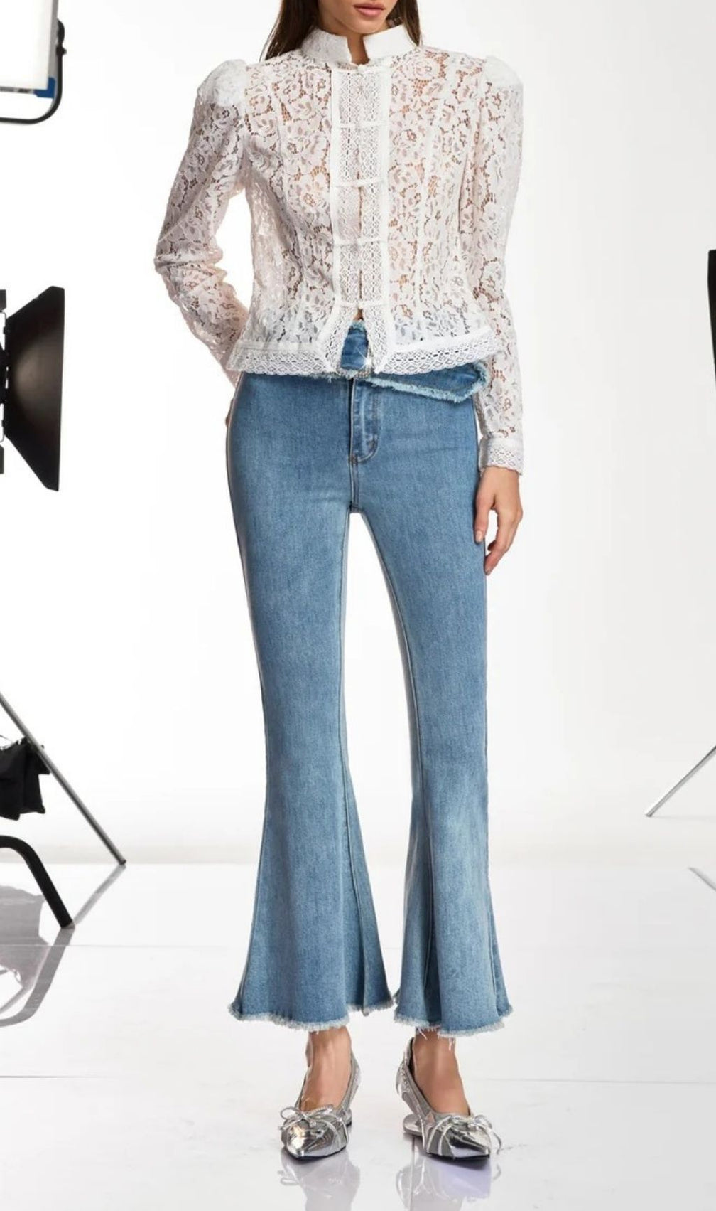 Danette Rhinestone Belted Flare Jeans - High-Waisted Glam Denim