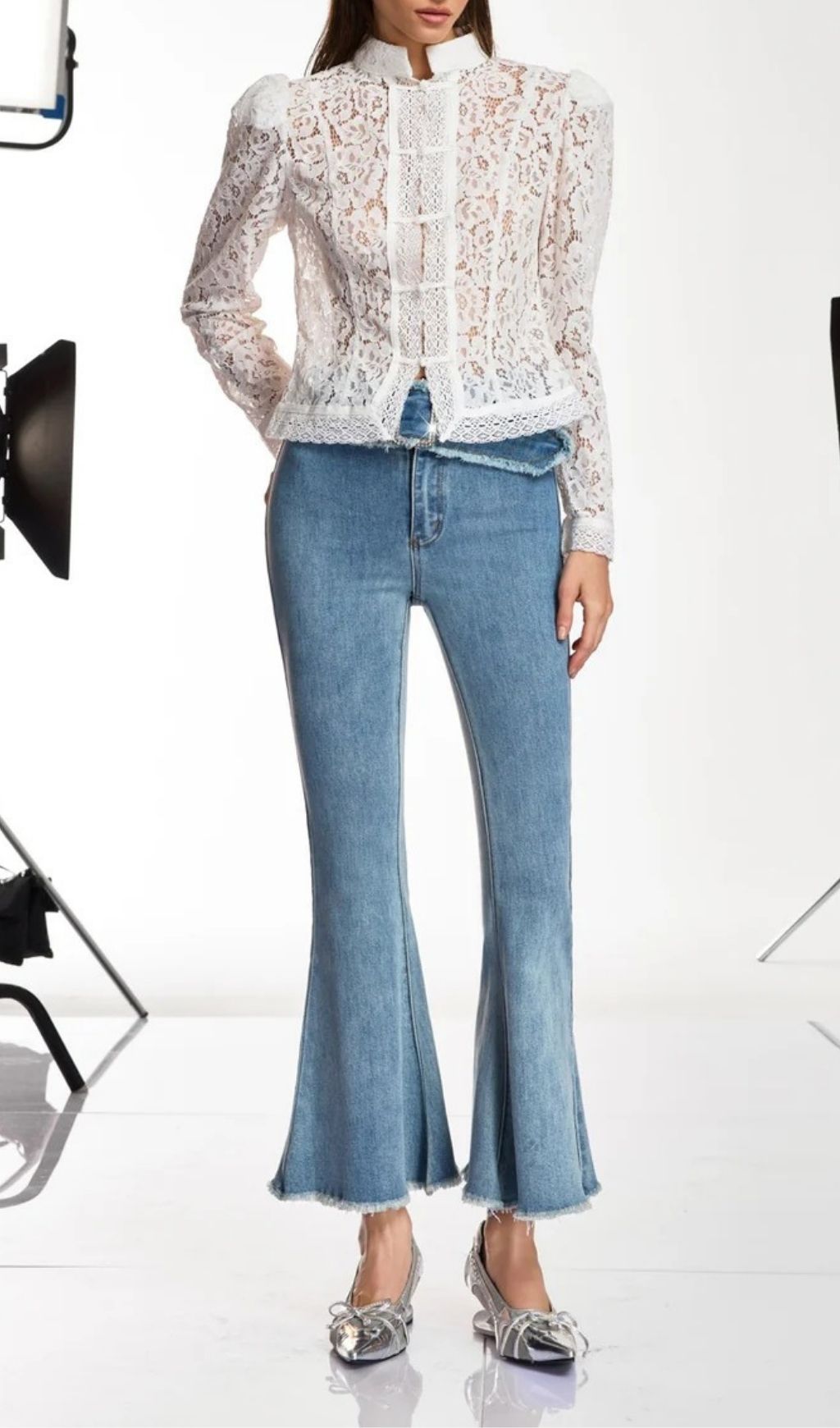 Danette Rhinestone Belted Flare Jeans - High-Waisted Glam Denim