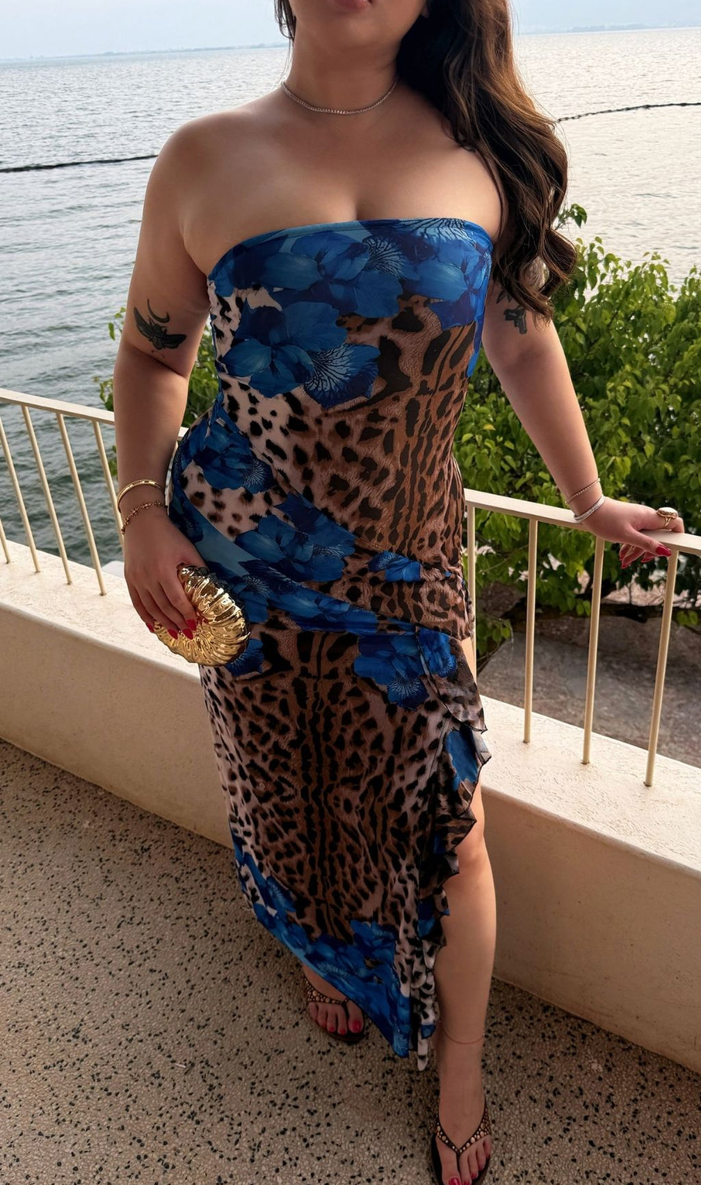 Laine Blue Strapless Leopard Slit Plus Size Maxi Dress