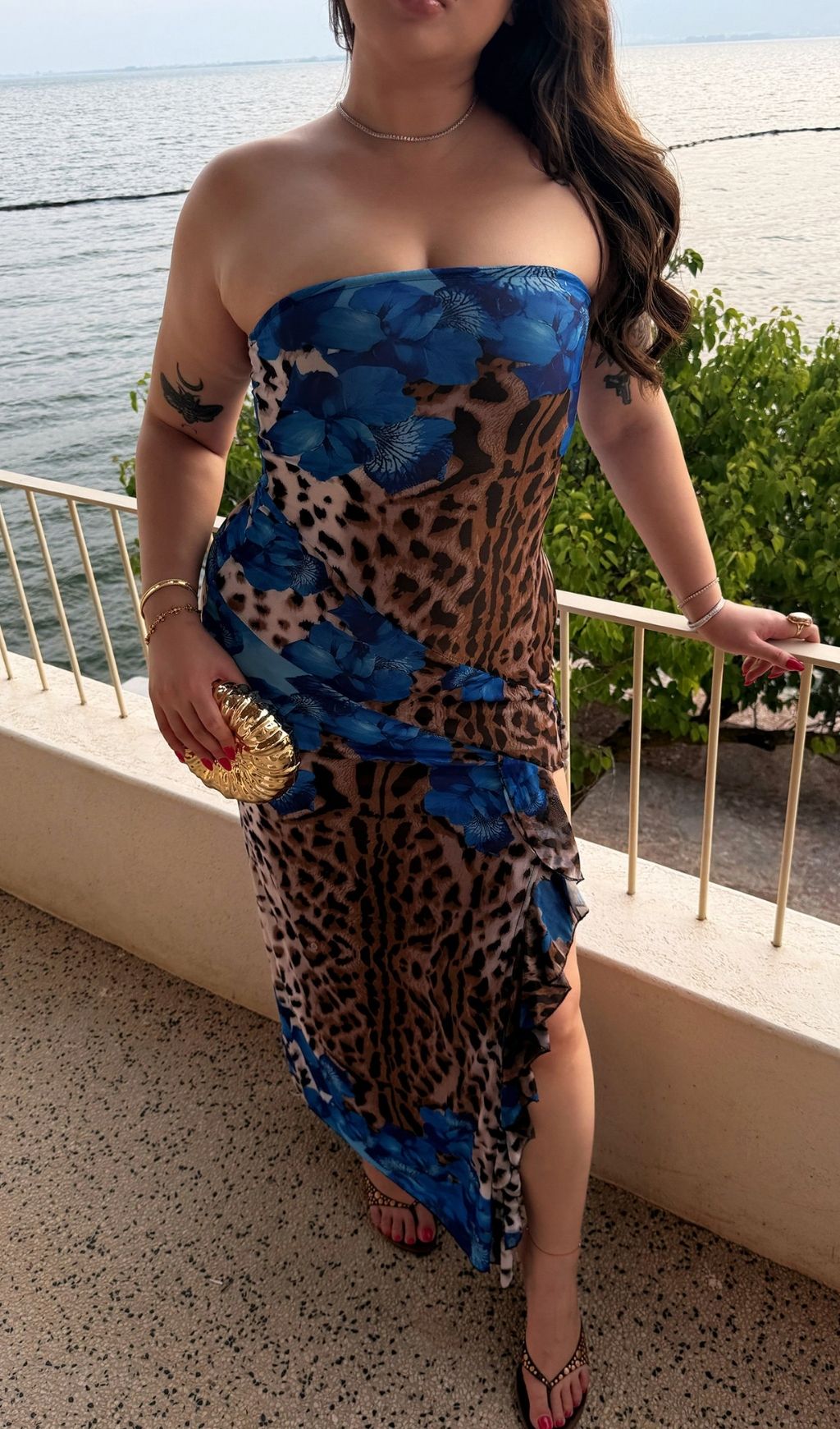 Laine Blue Strapless Leopard Slit Plus Size Maxi Dress