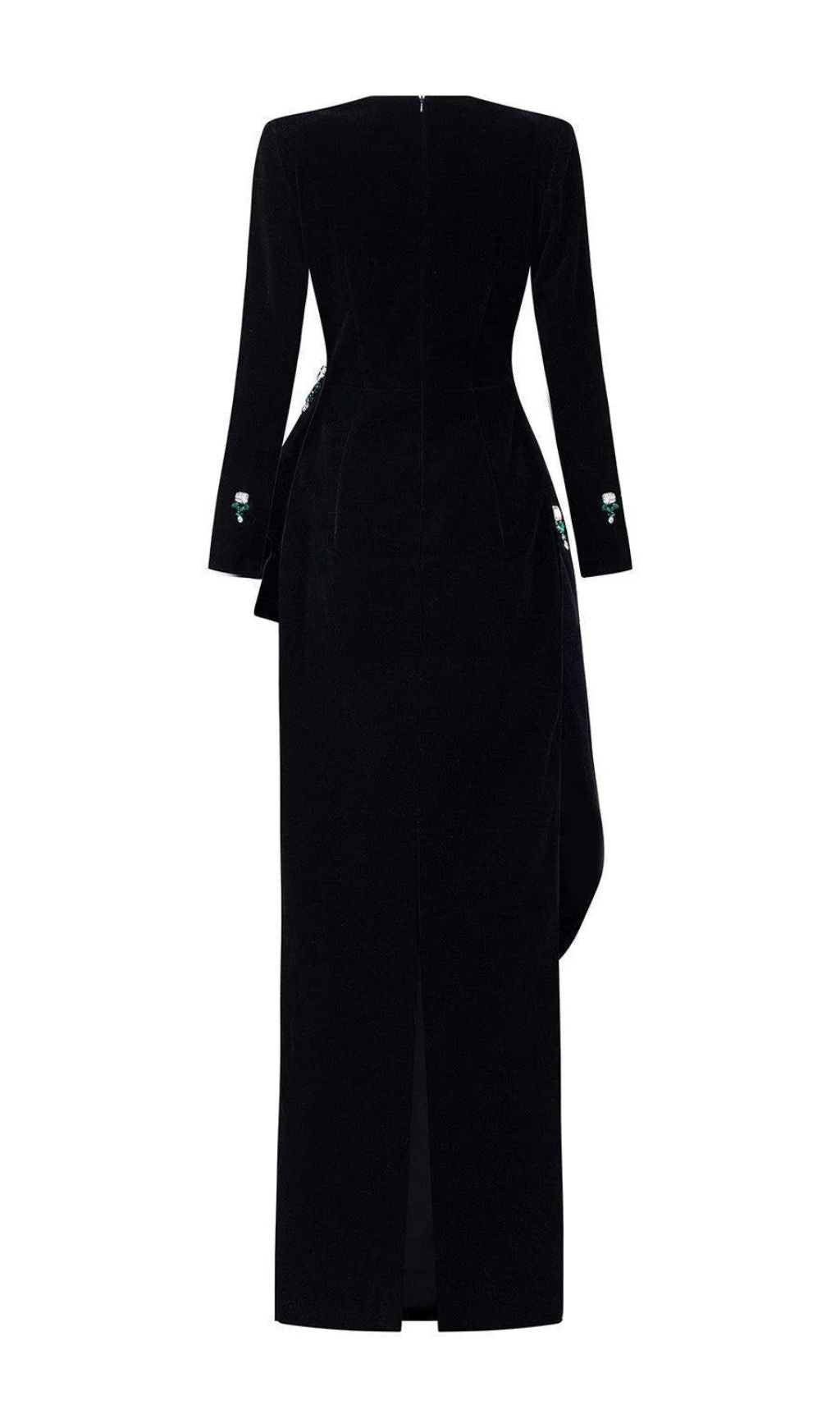 Hedya Black Velvet & Emerald Crystal Statement Maxi Gown | Long Sleeve Evening Dress