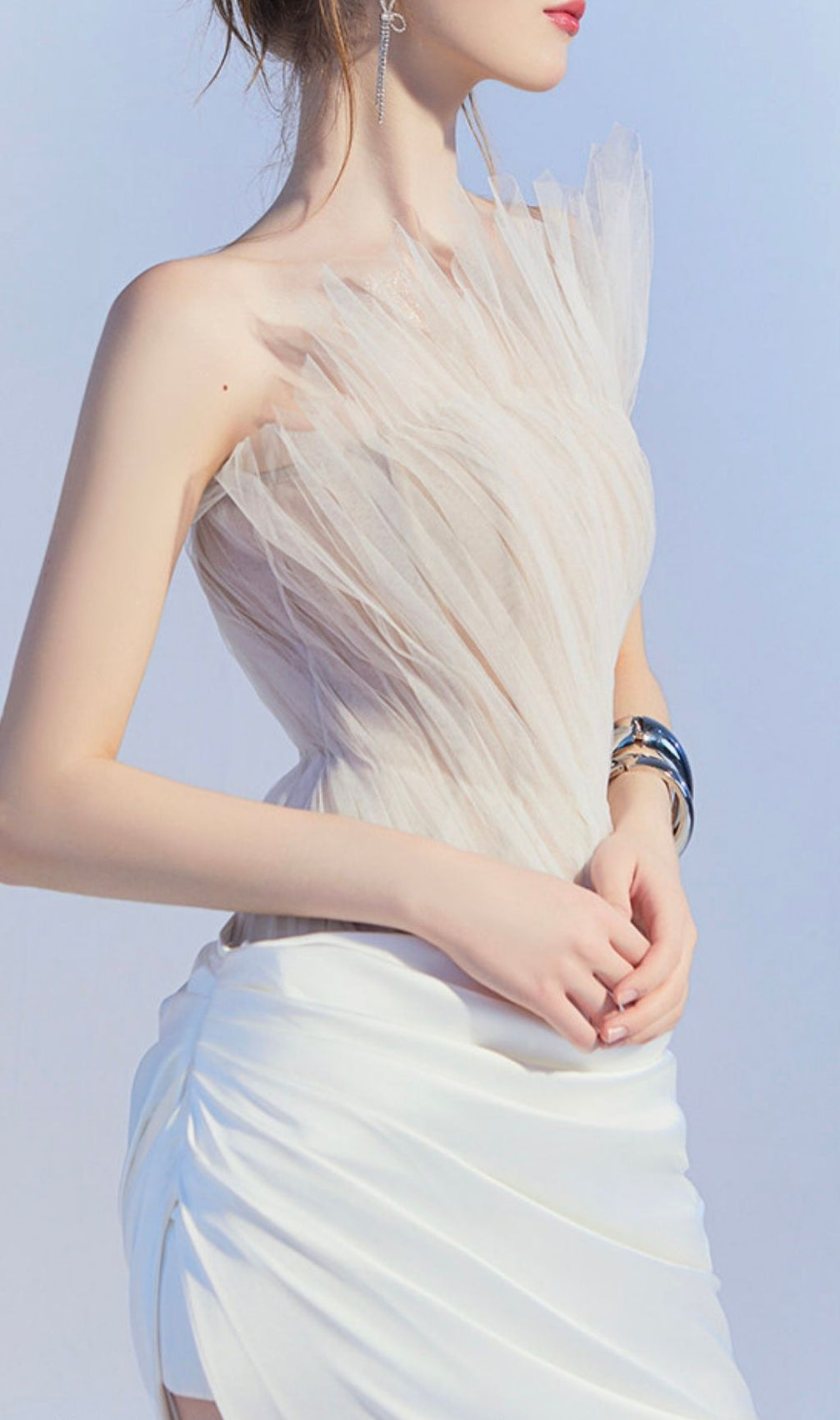 Kamira Ethereal White Mesh Ruched Maxi Gown | Sculpted Glamour Evening Dress