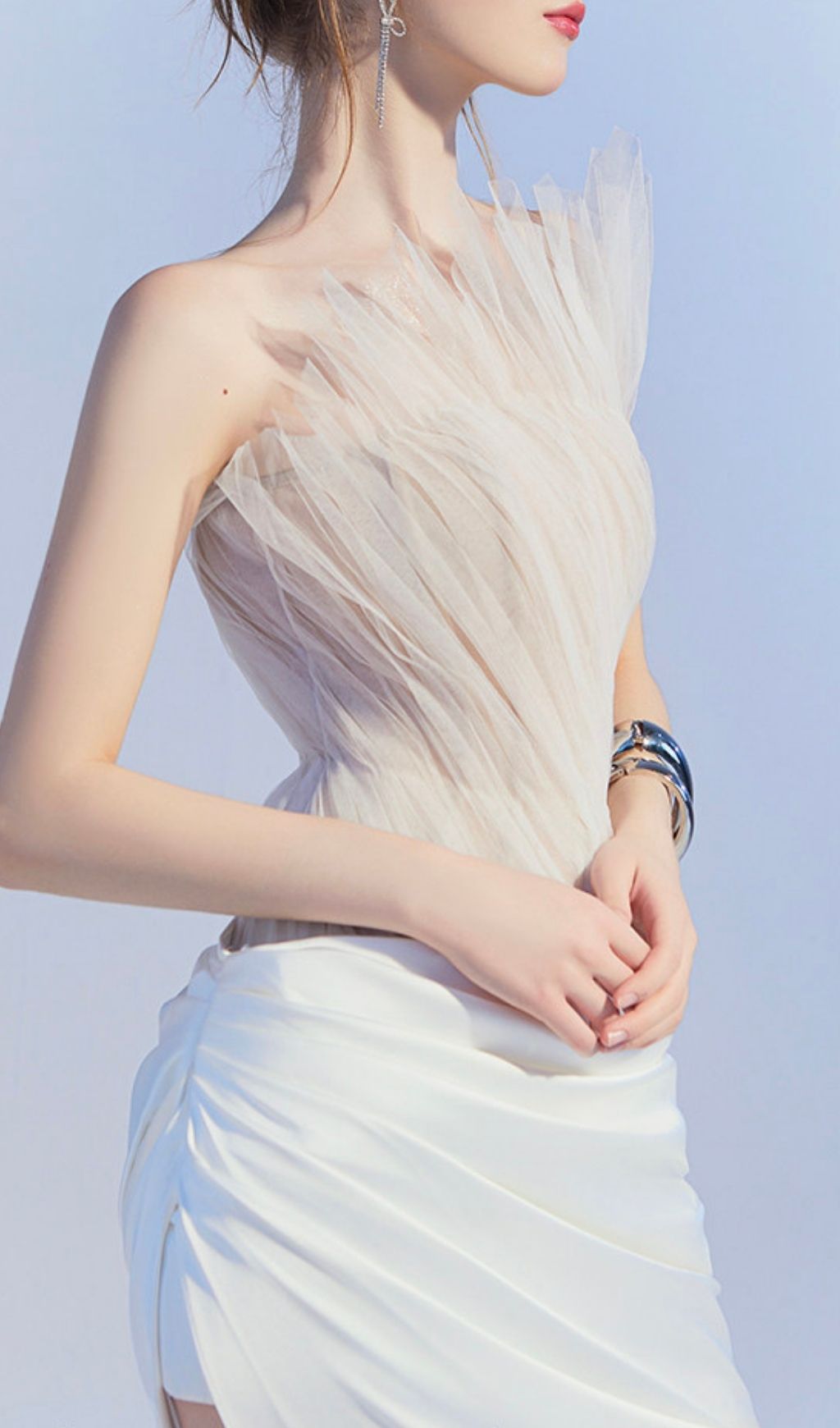 Kamira Ethereal White Mesh Ruched Maxi Gown | Sculpted Glamour Evening Dress
