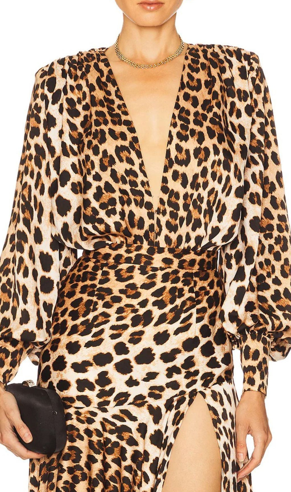 Igraine Daring Leopard Print V-Neck Maxi Dress with High Slit - Elegant Long Sleeve Gown