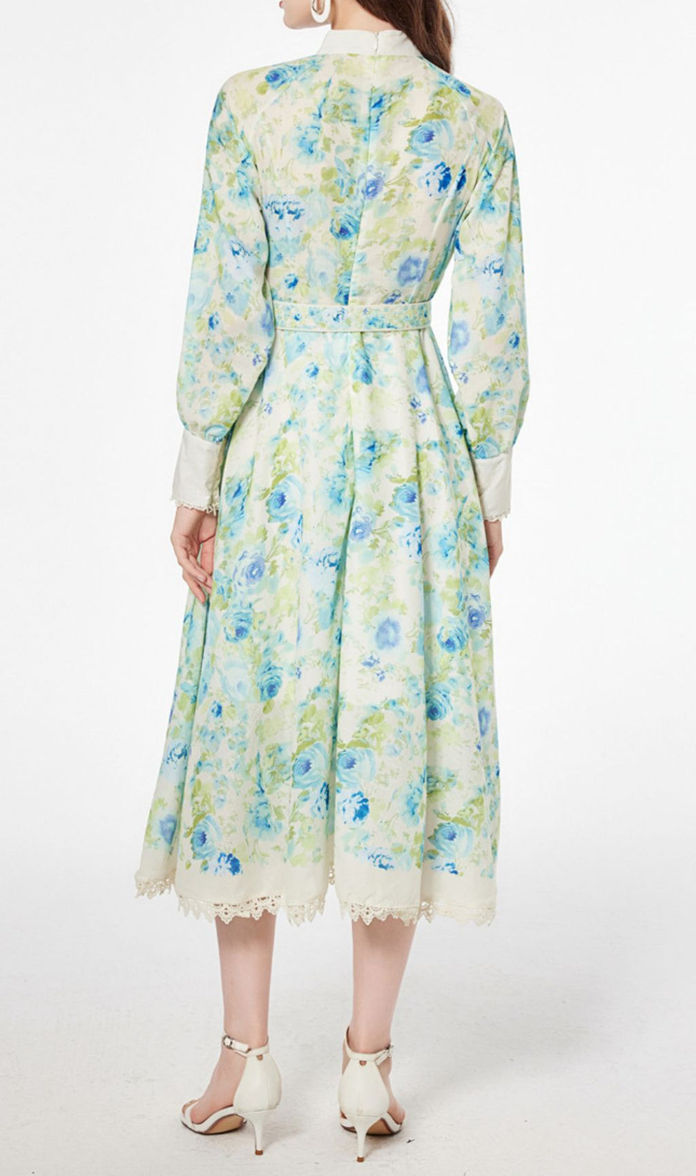 Chic Green & Blue Floral Long Sleeve Midi Dress - Elegant Garden Party Attire