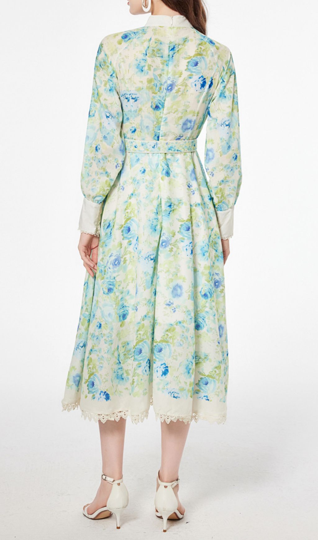 Chic Green & Blue Floral Long Sleeve Midi Dress - Elegant Garden Party Attire