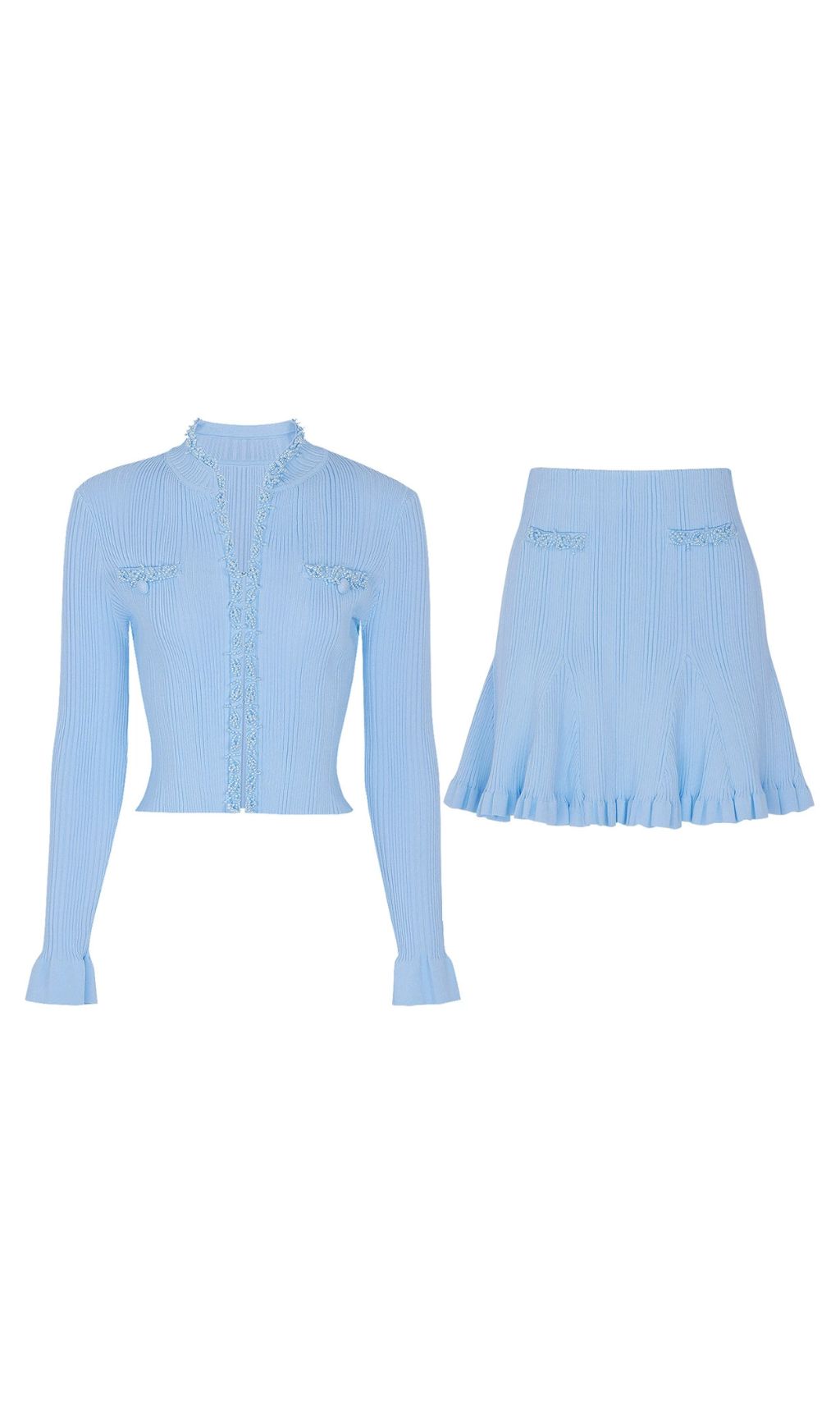 Julio Chic Baby Blue Ribbed Knit Cardigan & Ruffle Mini Skirt Set
