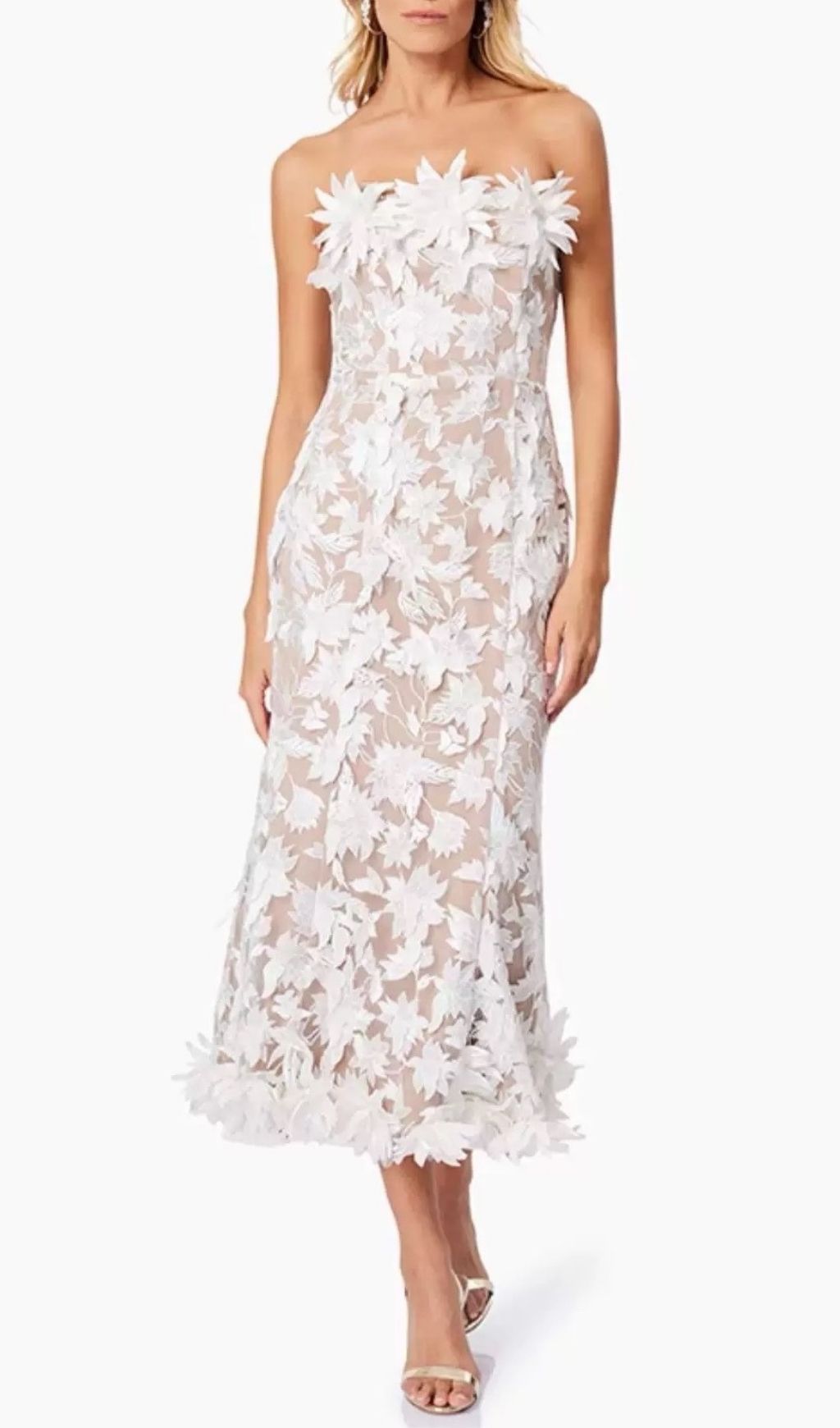 Derya White Strapless 3D Floral Midi Dress - Elegant Wedding Guest & Party