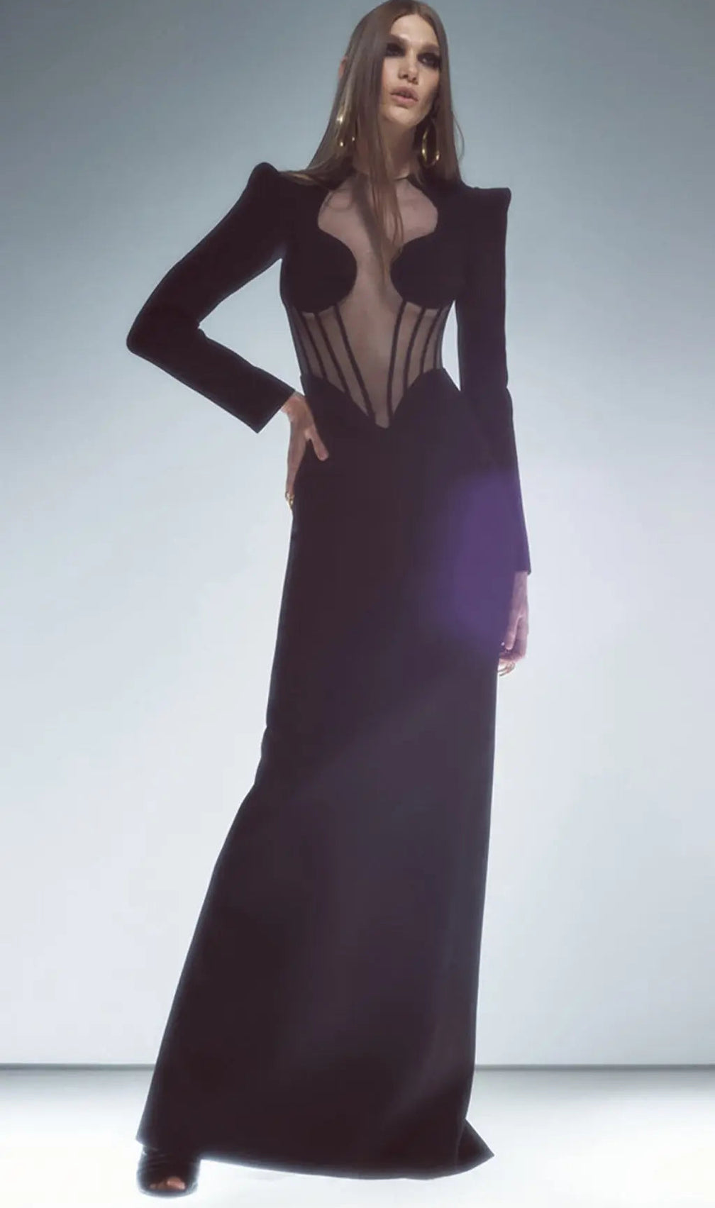 Black Mesh Corset Detail Bandage Long Dress