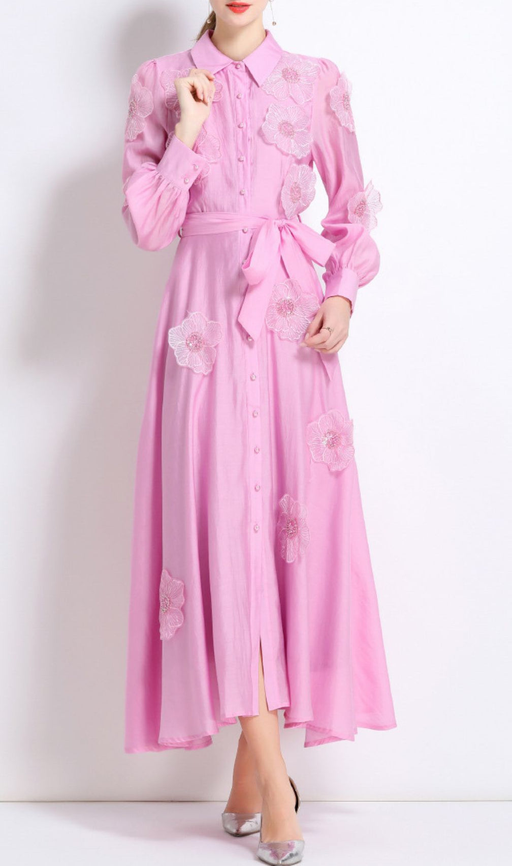 Holly Pink Flower Long Sleeve Midi Dress