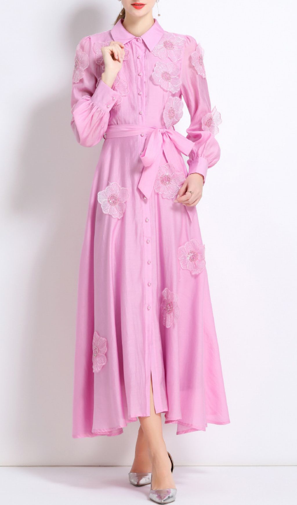 Holly Pink Flower Long Sleeve Midi Dress