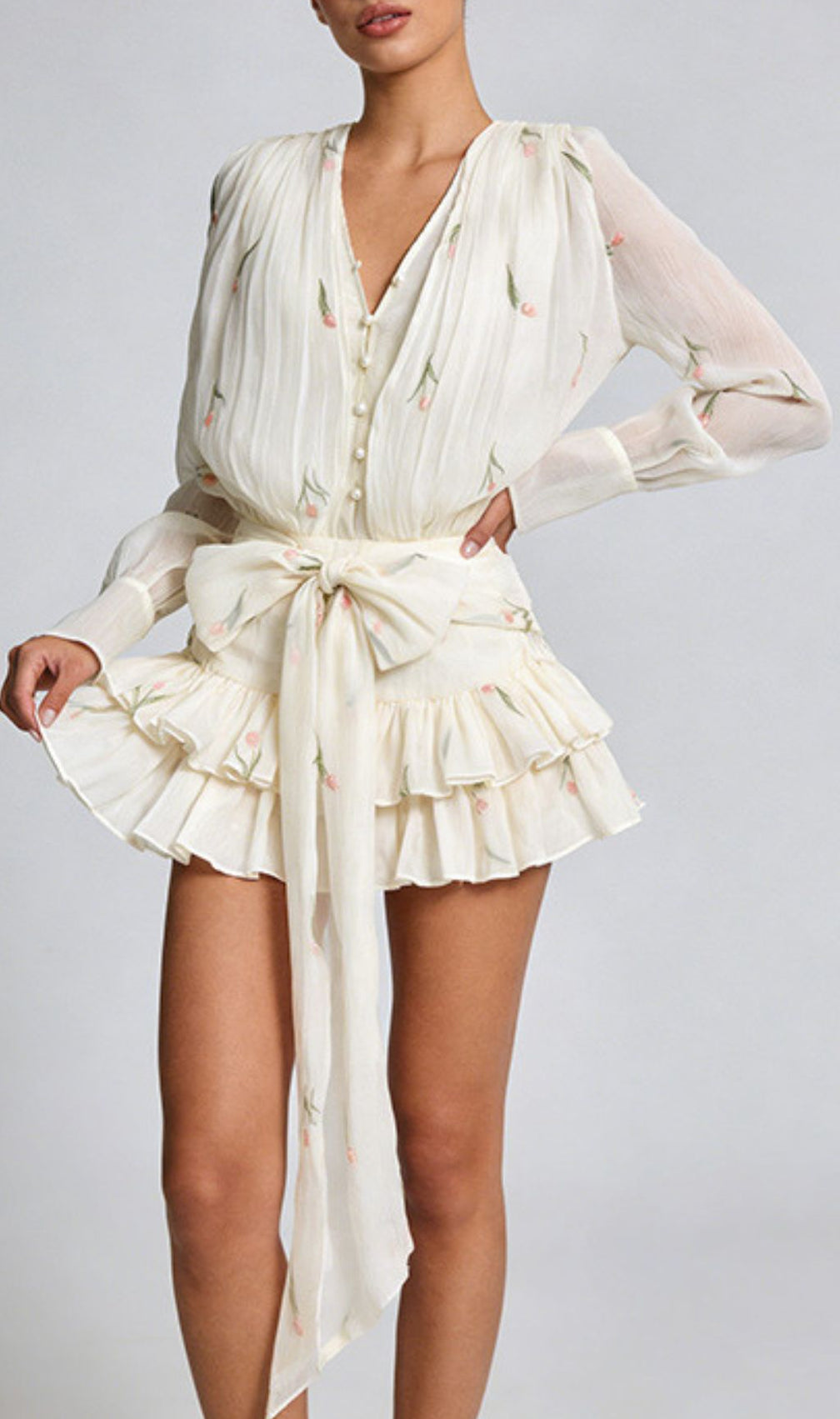 Junius Dreamy Floral Ruffled Long Sleeve Mini Dress