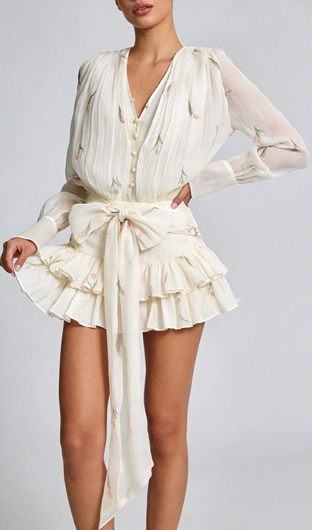 Junius Dreamy Floral Ruffled Long Sleeve Mini Dress