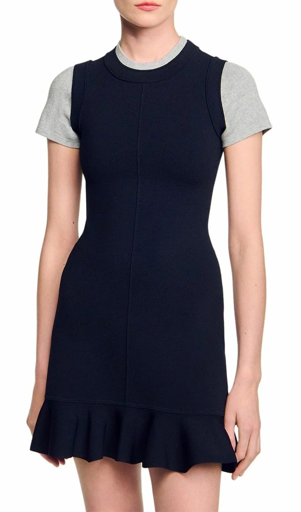 Chic Contrast Trim Short Sleeve Knit Dress | Ruffle Hem Mini Style