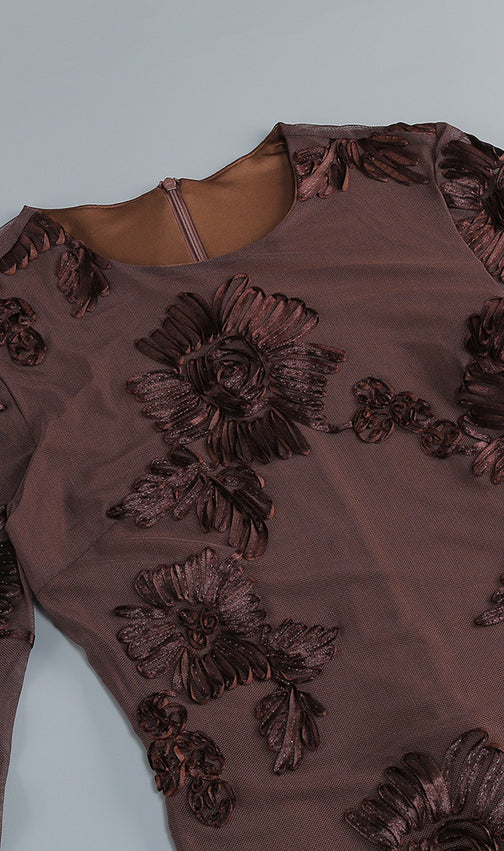 Jovan Coffee Flower Long Sleeve Mini Dress | Sheer Bell-Sleeve Floral Dress